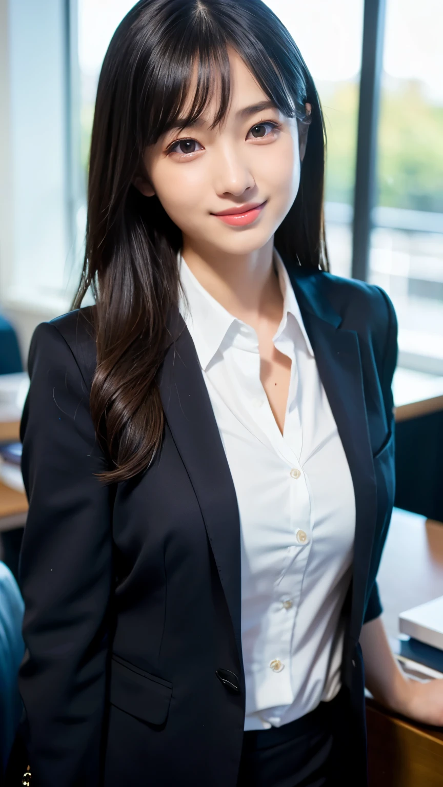 The face of a hostess、Dress code: high quality navy blue business suit、Surreal、healthy、Smiling face、Slim and perfect figure、Japanese Beauty、Beautiful Eyes、Perfect Face、Beautiful Skin、From the side、Background is an office on a high floor、By the window