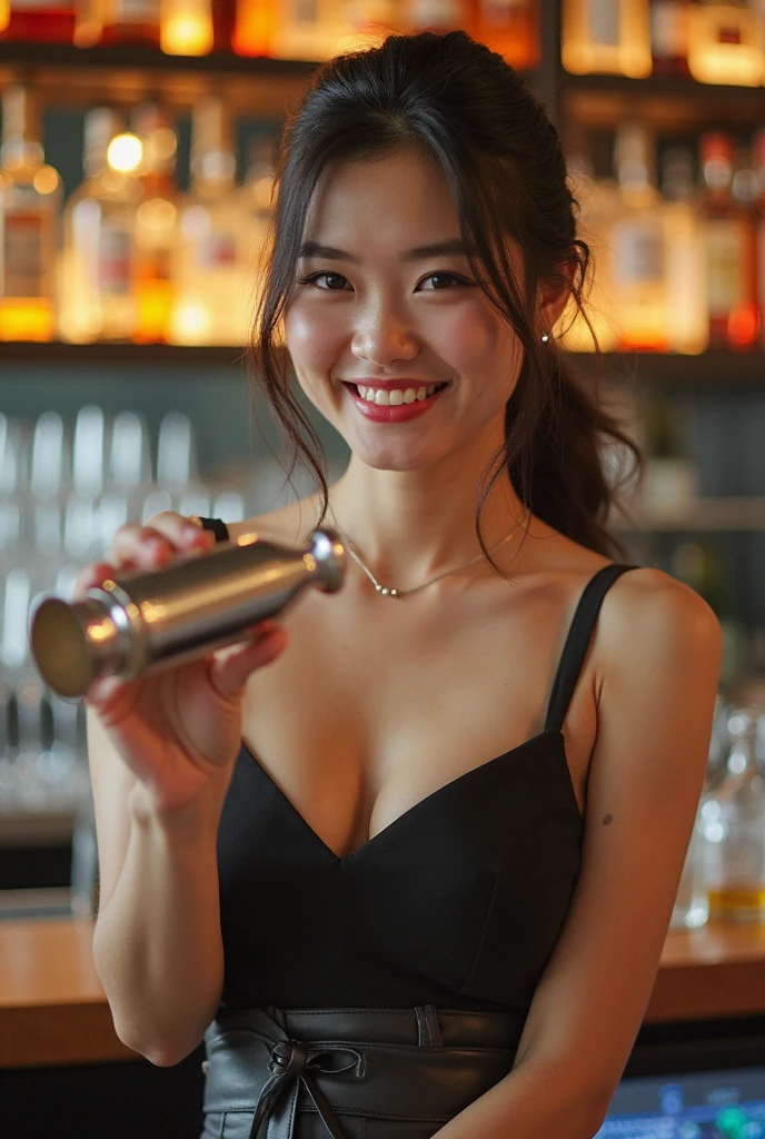 A bar with alcohol bottles neatly lined up、femele、1 persons、pose for the audience in front of the bar counter