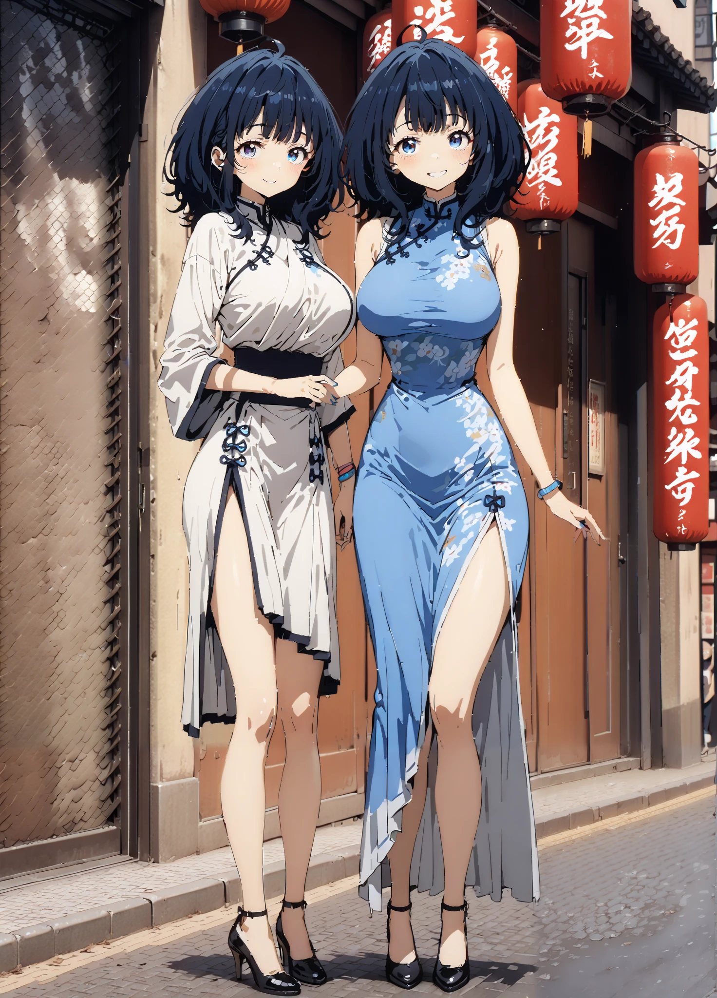 score_9, score_8_up, score_7_up, source_anime, Anayanami , medium hair, blue eyes, stupid hair, Lantern, medium chest, skirt, shirt, Big Breasts,Blue sleeveless Chinese clothes,Long slit,Bare legs,pin heels,standing,Put your hands on your lower back,smile,blush, grin ,China, beautiful scenery,Beautiful cityscape,standing,full bodyがイラストに入るように, break outdoors, Chinatown,
break looking at viewer,full body,
break (masterpiece:1.2),highest quality , kampala, Unity 8K Wallpaper ,(shape:0.8),( fine, beautiful eyes :1.6),It's a person ,full body写真,CG Details , (perfect hands, complete anatomy),