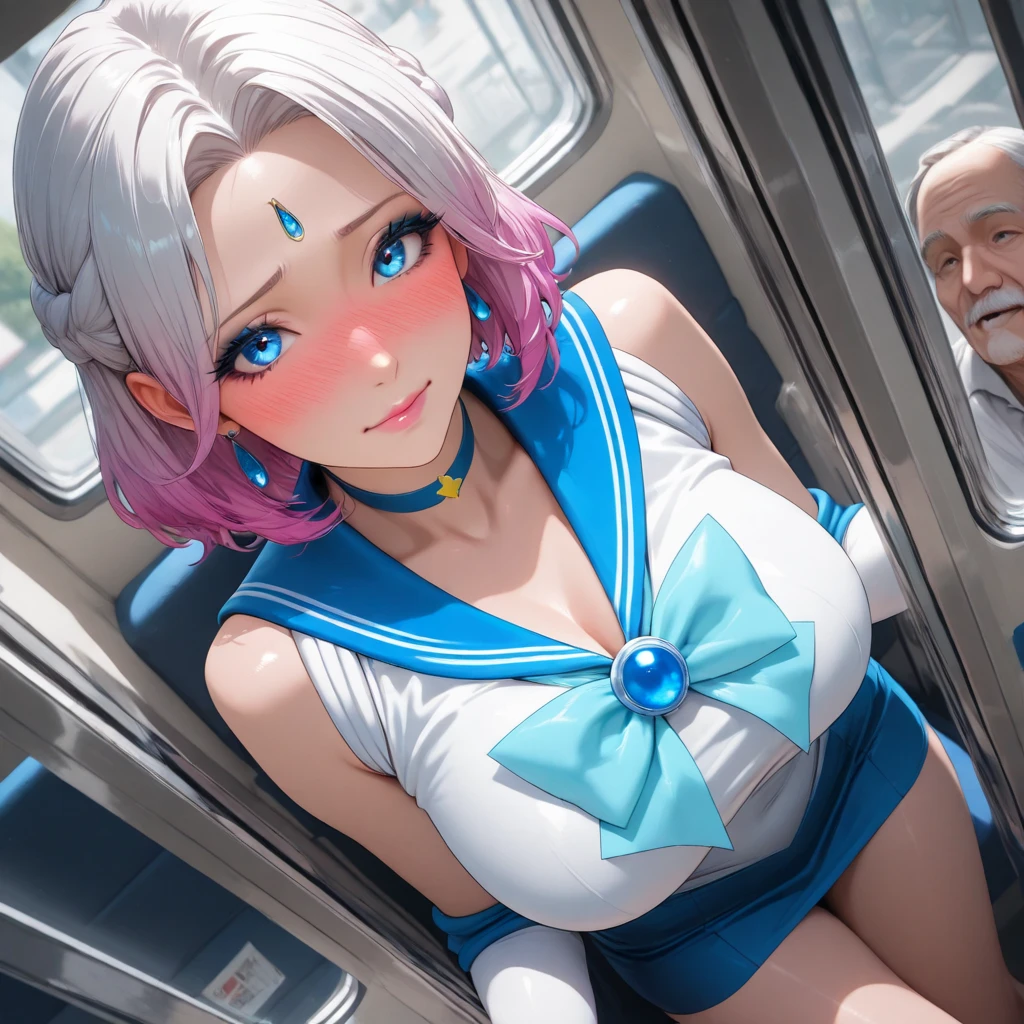 1 beautiful woman, ((sleep in the crowded bus)),people look at her, closed eyes, pink underboob, beautiful face, seductive, a lot of makeup, (short wavy blue hair, bob cut), wet underboob, high heels, (red mini skirt).