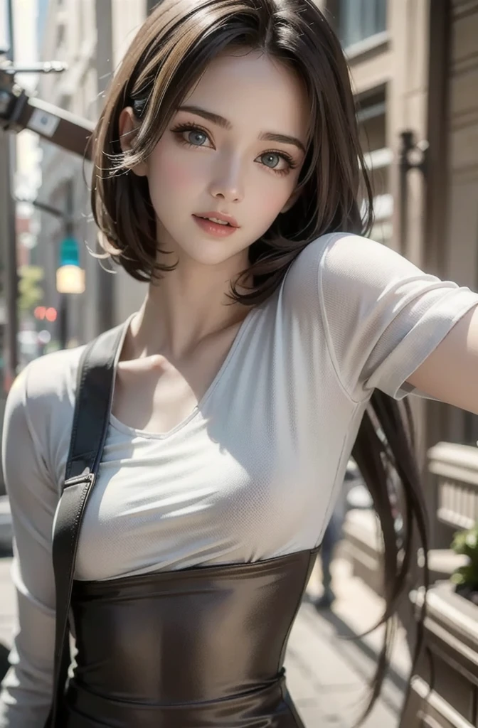 upper body, masterpiece, top quality, raw photo, photorealistic, big, face light, shiny skin, high resolution, super detail, detail, detailed eyes and face, sharp pupils, realistic pupils, sharp focus, street, brown hair, men's shirt, bob, no bra, shirt unbuttoned, navel visible