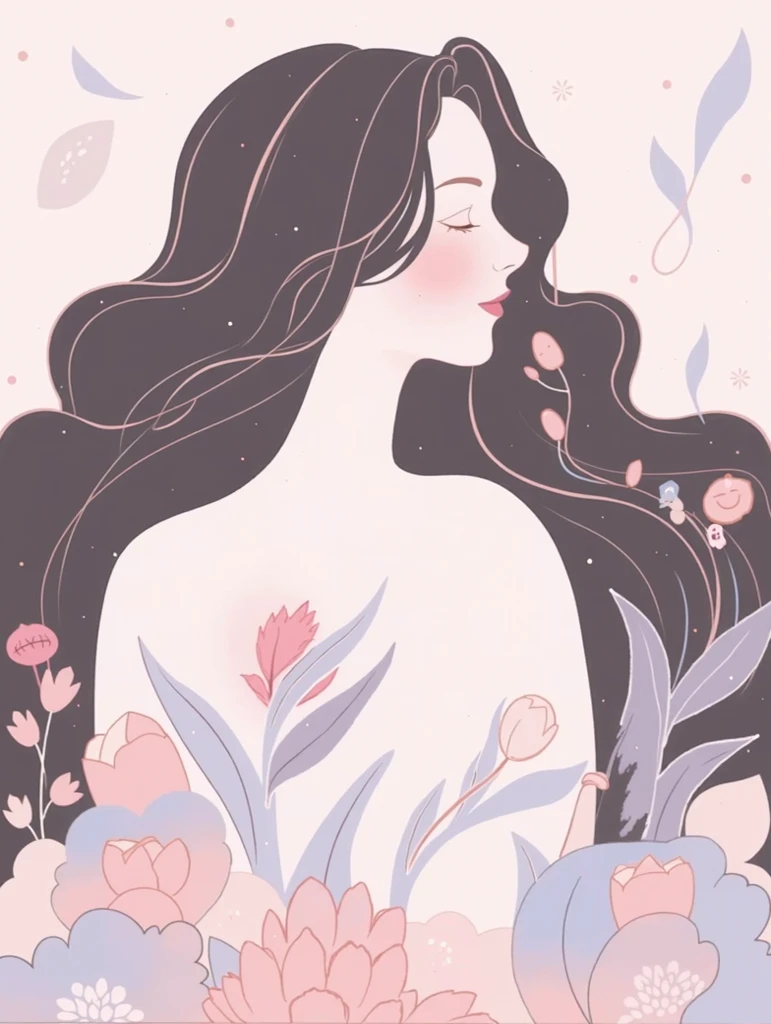 Box Package deign of cherry blossom, peals illustration, pink / white watercolor style, minimalbackground, romantic atmosphere, ling draw (silhouette of elegant body shape lady), falling cherry blossom around