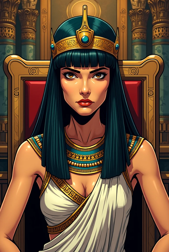 Wide angle of  very angry Cleopatra in the  royal room shutting loudly, adorned in an exquisite and chaste dress, emitting an alluring and magical aura, high quality, high detailed faces." High detailed faces
