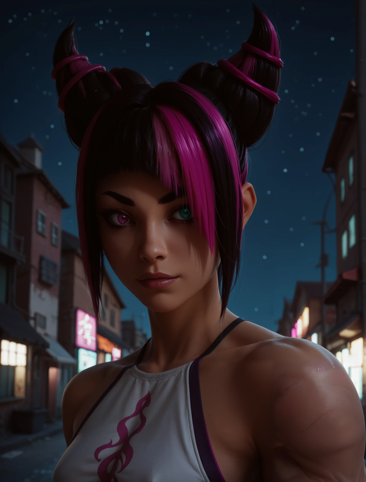 ((juri han)), ((masterpiece)), ((high resolution)), ((solo portrait)), {(attractive figure), (toned body), (two-toned hair), (pink highlights in hair), (heterochromia), (pink and turquoise eyes)}, {(white duduo top)}, ((city alleyway)), ((nighttime)), ((starry sky))