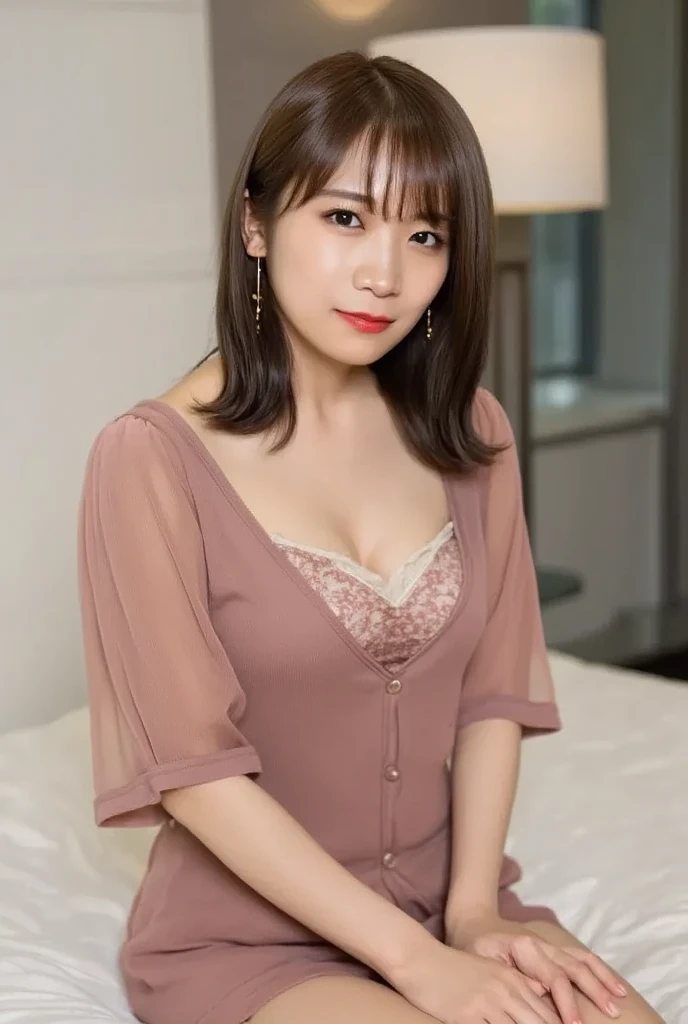 (((On the bed at the love hotel:1.35)))、(((sleep:1.35)))、(((Spread your legs wide:1.35)))、(((mini skirt:1.35)))、(((sexy panties:1.35)))、((Her breasts are about to burst:1.35)))、8K, Highest quality, masterpiece, Realistic, Realistic, Super detailed, Natural light, Shapely breasts, Her cleavage is visible, 1 person, 35-year-old woman, Black Hair, Beaver, Straight hair, Silver-rimmed glasses, (Look at the viewers), meanwhile, Light purple knitted V-neck shirt, Highly detailed face and skin, Fine grain, Highly detailed face and skin