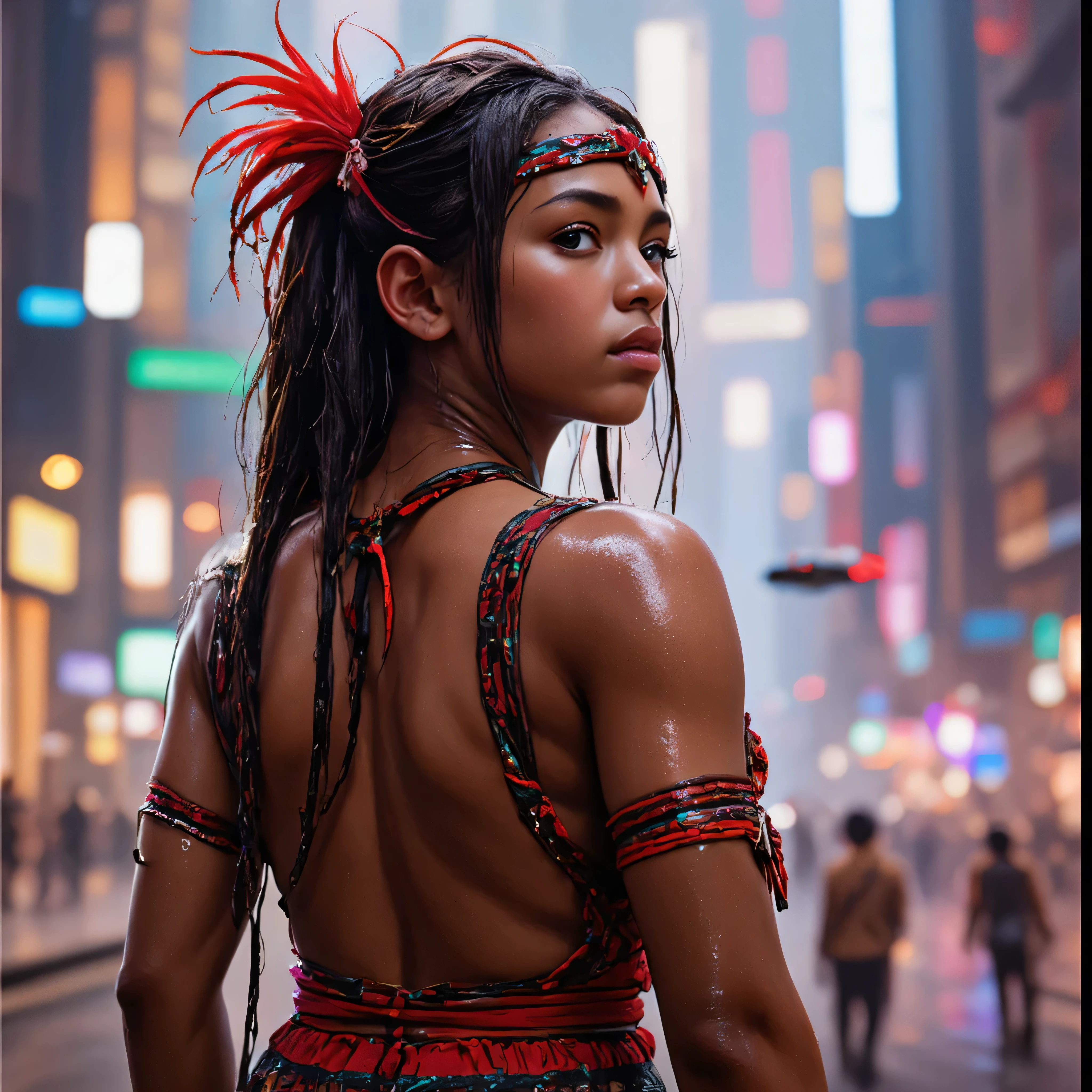 BRAZILIAN INDIGENOUS,Indigenous characteristics,dark brown eyes,tanned brown straight hair falling over the shoulders,She is wearing traditional indigenous fur-dress,top made of leaf,animal-Fur and bird-feathers,she is looking to up,His face conveys a sense of accomplishment,Defined muscles,full-body fur-costume,cinematiclight,Bottom:Mystic Forest at night (best quality,highres,ultra-detailed,realistic:1.2),HDR,16k,UHD,studio lighting,extreme detail description,professional,vivid colors,bokeh,full body. An indigenous girl in a futuristic world, wearing a red and black harness on top. Her long dread hair adorned with feathers cascades down her back. She confidently walks in high heels boots, each step echoing with authority. Her arm is adorned with unique accessories, showcasing her cultural heritage. The intricate patterns on her arm speak volumes about her lineage and traditions. The girl stands against the backdrop of a futuristic cityscape. Tall sleek buildings touch the sky, their vibrant lights illuminating the surroundings. The city bustles with life and energy as flying vehicles whiz past, leaving trails of colorful streaks. The girl's eyes captivate with their piercing intensity, reflecting both strength and wisdom. Her lips, delicately curved, hold the secrets of her story. Every detail of her face is meticulously crafted, ensuring breathtaking realism. The overall composition bathes in vivid colors, with a strong emphasis on contrasting red and black tones. The lighting highlights the girl's features, casting soft shadows and adding depth to the scene. The bokeh effect adds a touch of magic, creating an ethereal atmosphere. In this portrait, the fusion of indigenous culture and futuristic aesthetics creates a unique and captivating image. The girl's presence exudes power and resilience, symbolizing the inherent strength found in the convergence of tradition and progress.