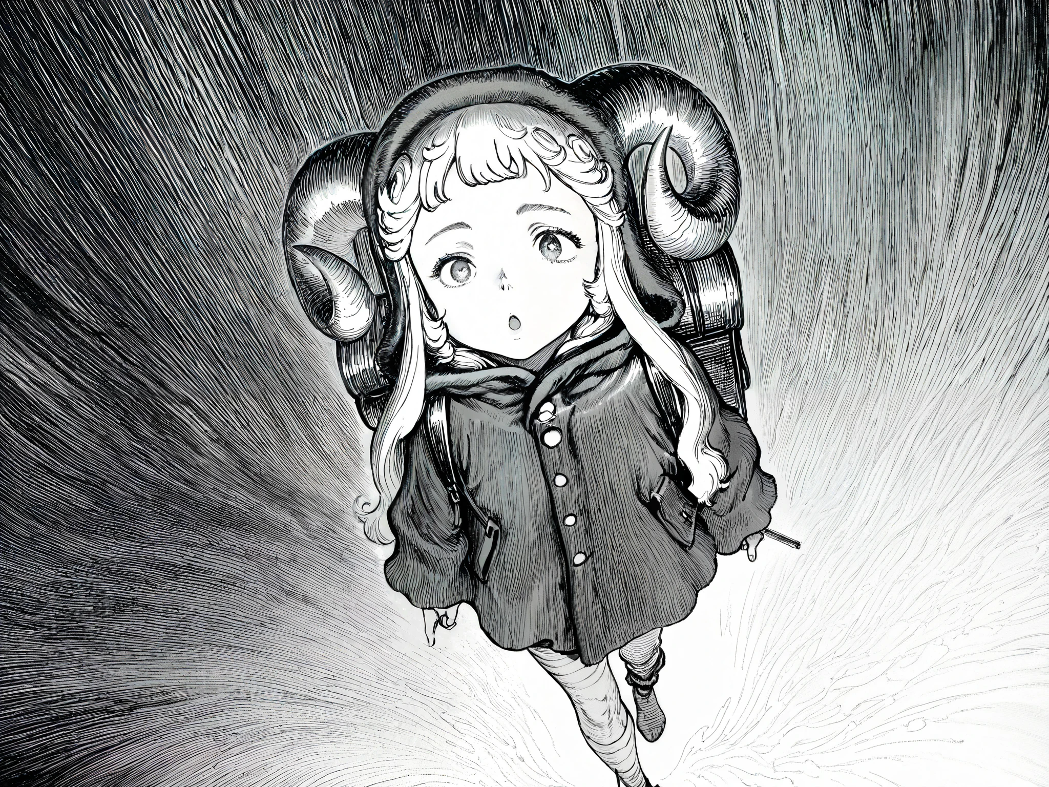 HDR, 8K, high contrast, masterpiece, best quality, amazing quality, very aesthetic, anime artstyle, realistic, newest,
BREAK
bounce light, hyperdetailed, detailed hair strands, detailed fibers, greyscale, (intricate hatching: 1.4)
masterpiece, semi-realism, monochrome, manga, inking, detailed, hyperdetailed,
engraving artstyle, hatching /texture/, contour lines, monchrome, greyscale, masterpiece.hyperdetailed, absurdres, detailed background, foreshortening, perspective, dynamic angle, very aesthetic, 1girl, solo, sheep horns, large horns, wooly clothing, thick coat, thick pants, bandaged leg, large backpack, oversized backpack, walking, from above, pointing at viewer, :O,
