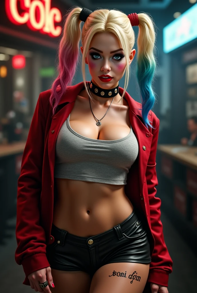 (best quality,4k,highres,masterpiece:1.2),ultra-detailed,realistic:1.37,full body shot,((one photorealistic Harley Quinn)), pose from various angle, vibrant colors, sharp focus, dynamic lighting, detailed outfit, makeup, provocative expression, intricate tattoos, detailed facial features, elaborate props, contrasting background, cinematic composition, intense gaze, confident stance, seductive atmosphere, professional photography, studio lighting, grungy aesthetic, comic book style.(( Laughing out loud.))BREAK
Perfect anatomy.
perfect hair.
perfect breast.
perfect body.
perfect hands.
perfect face.
perfect eyes.
accurate.
anatomically correct.
BREAK
Sony A9 II and a 85mm f/1.8 GM lens.