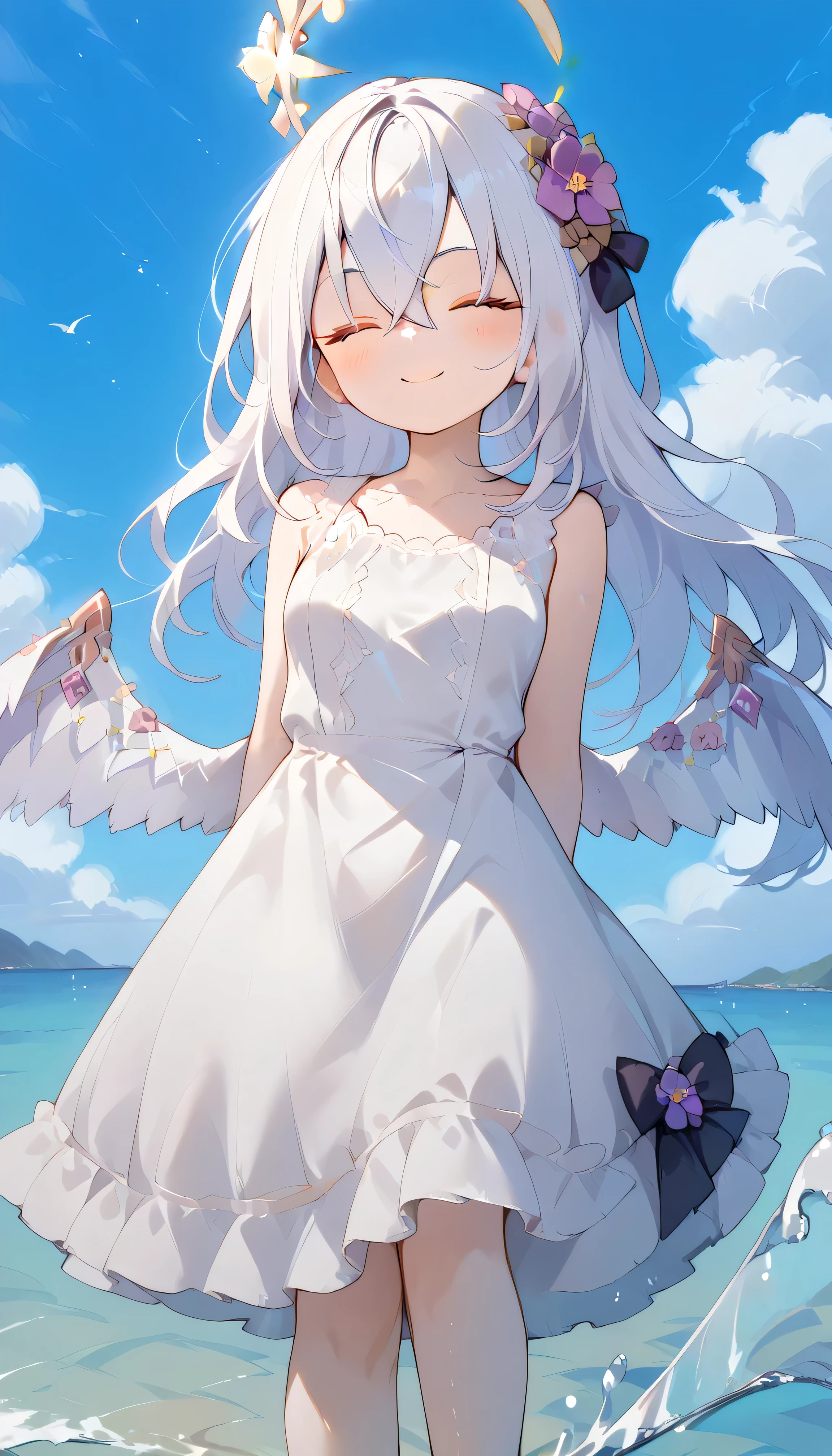 Azusa (blue archive),closed eyes,white hair,long hair,Wings,hair flower,halo, Alone, showing eyebrows from inside the hair , hair between their eyes, viewers, masterpiece, highest quality, hud_s1lk_ngwn, sleeveless white dress, lace trim, breasts Outdoors sea water splashes blue sky mini skirt happy smile Low neck tight size Curtsey straw hat arms behind back