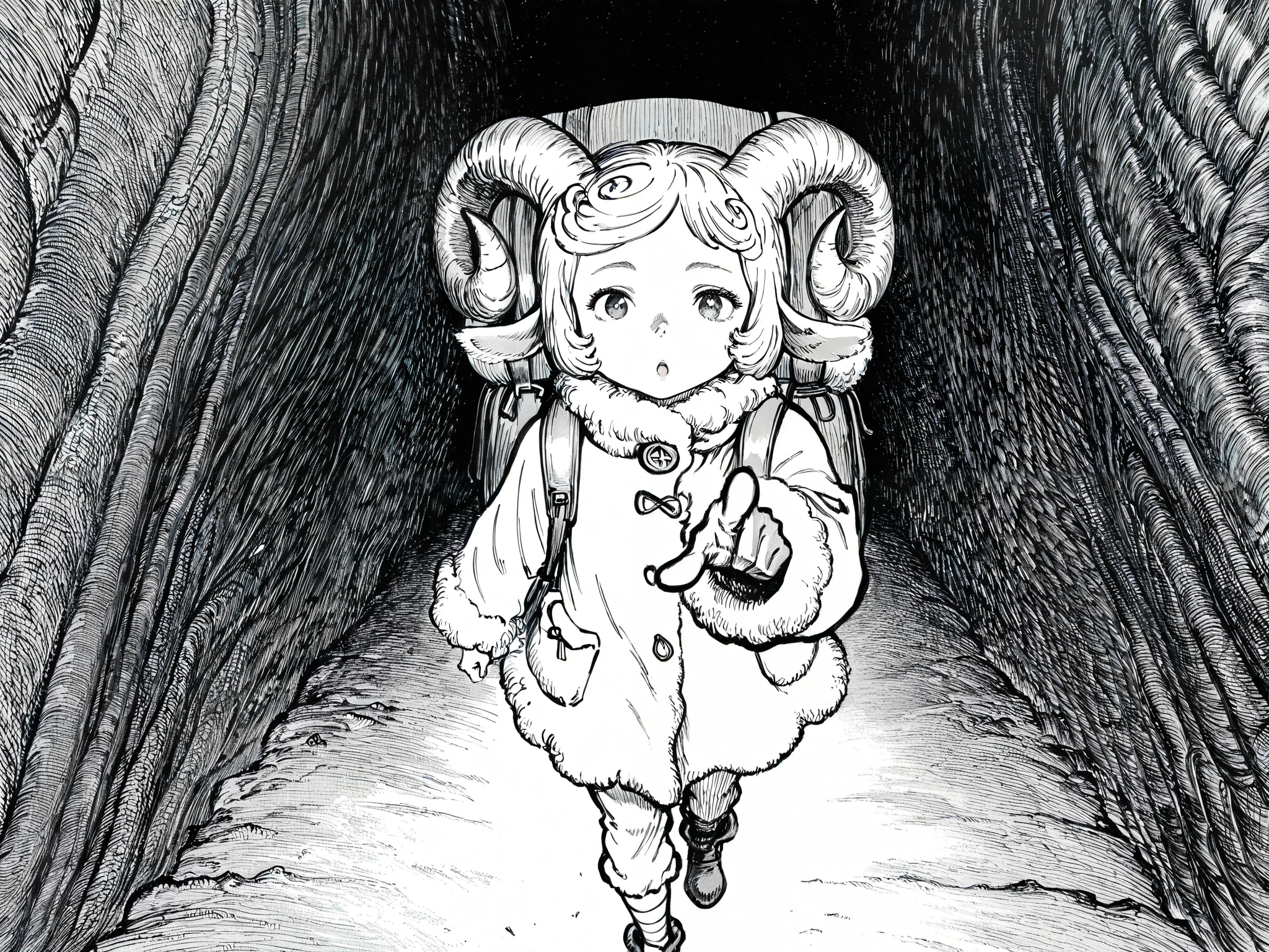 HDR, 8K, high contrast, masterpiece, best quality, amazing quality, very aesthetic, anime artstyle, realistic, newest,
BREAK
bounce light, hyperdetailed, detailed hair strands, detailed fibers, greyscale, (intricate hatching: 1.4)
masterpiece, semi-realism, monochrome, manga, inking, detailed, hyperdetailed,
engraving artstyle, hatching /texture/, contour lines, monchrome, greyscale, masterpiece.hyperdetailed, absurdres, detailed background, foreshortening, perspective, dynamic angle, very aesthetic, 1girl, solo, sheep horns, large horns, wooly clothing, thick coat, thick pants, bandaged leg, large backpack, oversized backpack, walking, from above, pointing at viewer, :O,