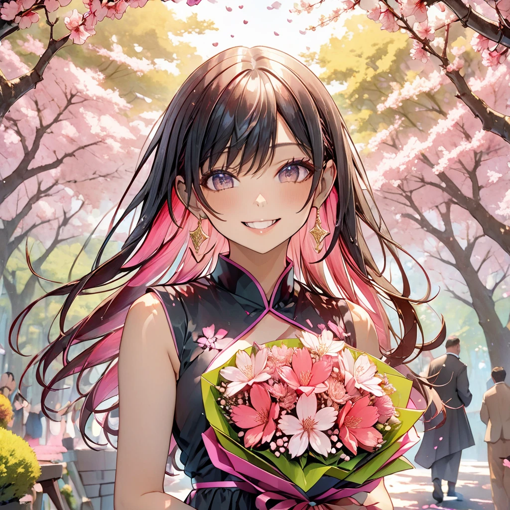 frontale ((body paint style)), (((in a beautiful Body Paint Art is Pink Lily))) solo ((hair over eyes)) (brown hair long hair cute girl, , cute half-closed pink eyes, cute smile), perfect anatomy, masterpiece, best quality, 16k.
