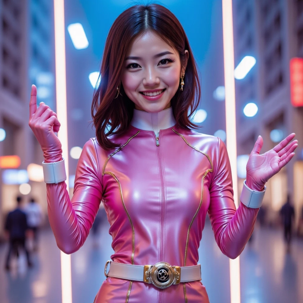 pink power range lemele、Realistic, shiny dark pink and white suit、Power Rangers Bodysuit、professional photograpy、Does not expose the skin, Japanese Models,The skin is not exposed、fleshy body, A smile、Colossal 、A dark-haired、s Office、Sweaty face、Wet hair