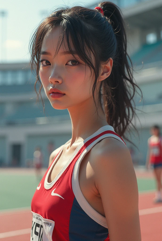 Track and field club、Female university student、1、Japanese、Cute face like an idol、Track and field clubユニフォーム、Sweating、Uniforms that expose a lot of skin、sexy、ponytail、I have a little muscle、The abdominal muscles are lightly cracked、(best quality,4K,8k,highres,masterpiece:1.2),ultra-detailed,(realistic,photorealistic,photo-realistic:1.37),HDR,uhd,studio lighting,ultra-fine painting,sharp focus,physically-based rendering,extreme detail description,professional,vivid colors,bokeh,cinematic lighting,dramatic shadow、High resolution, High-resolution model, Retina, Textured skin, Ultra high definition,
