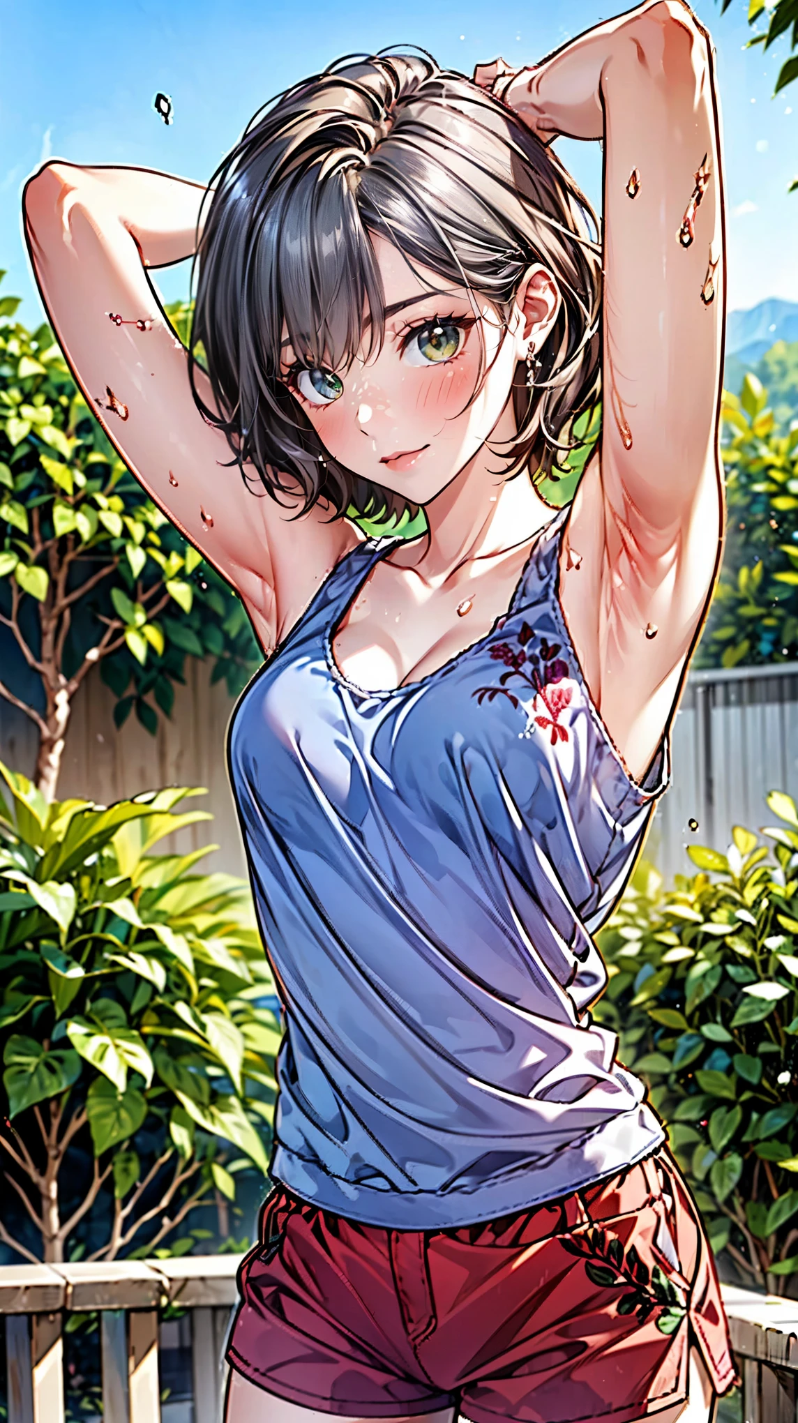 8k, masterpiece, best quality, ((Odd-eyed girl)), ((Heterochromia, red eyes, green eyes)), ((Sparkling and exquisite eyes)), long silver and purple hair, ((Translucent smooth white skin)), shiny skin, slender body, small breasts, ((Stretching with arms above head while basking in the morning sun on a beautiful hill)), ((Slightly sweaty body)), (Wearing a light purple tank top with beautiful embroidery), red shorts, beautiful background, smiling face, armpits, anatomically correct, detailed fingers