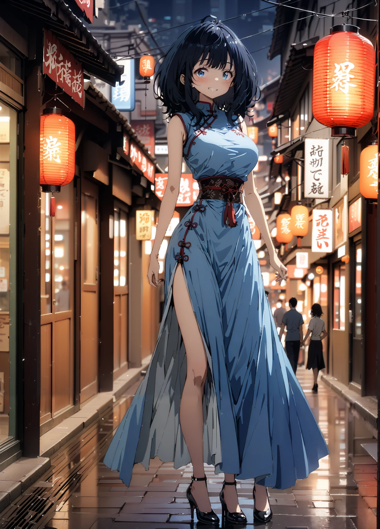 score_9, score_8_up, score_7_up, source_anime, Anayanami ,Alone, medium hair, blue eyes, stupid hair, Lantern, medium chest, skirt, shirt, Big Breasts,Blue sleeveless Chinese clothes,Long slit,pin heels,standing,Put your hands on your lower back,smile,blush, grin ,China, beautiful scenery,Beautiful cityscape,standing,full bodyがイラストに入るように, break outdoors, Chinatown,
break looking at viewer,full body,
break (masterpiece:1.2),highest quality , kampala, Unity 8K Wallpaper ,(shape:0.8),( fine, beautiful eyes :1.6),It's a person ,full body写真,CG Details , (perfect hands, complete anatomy),
