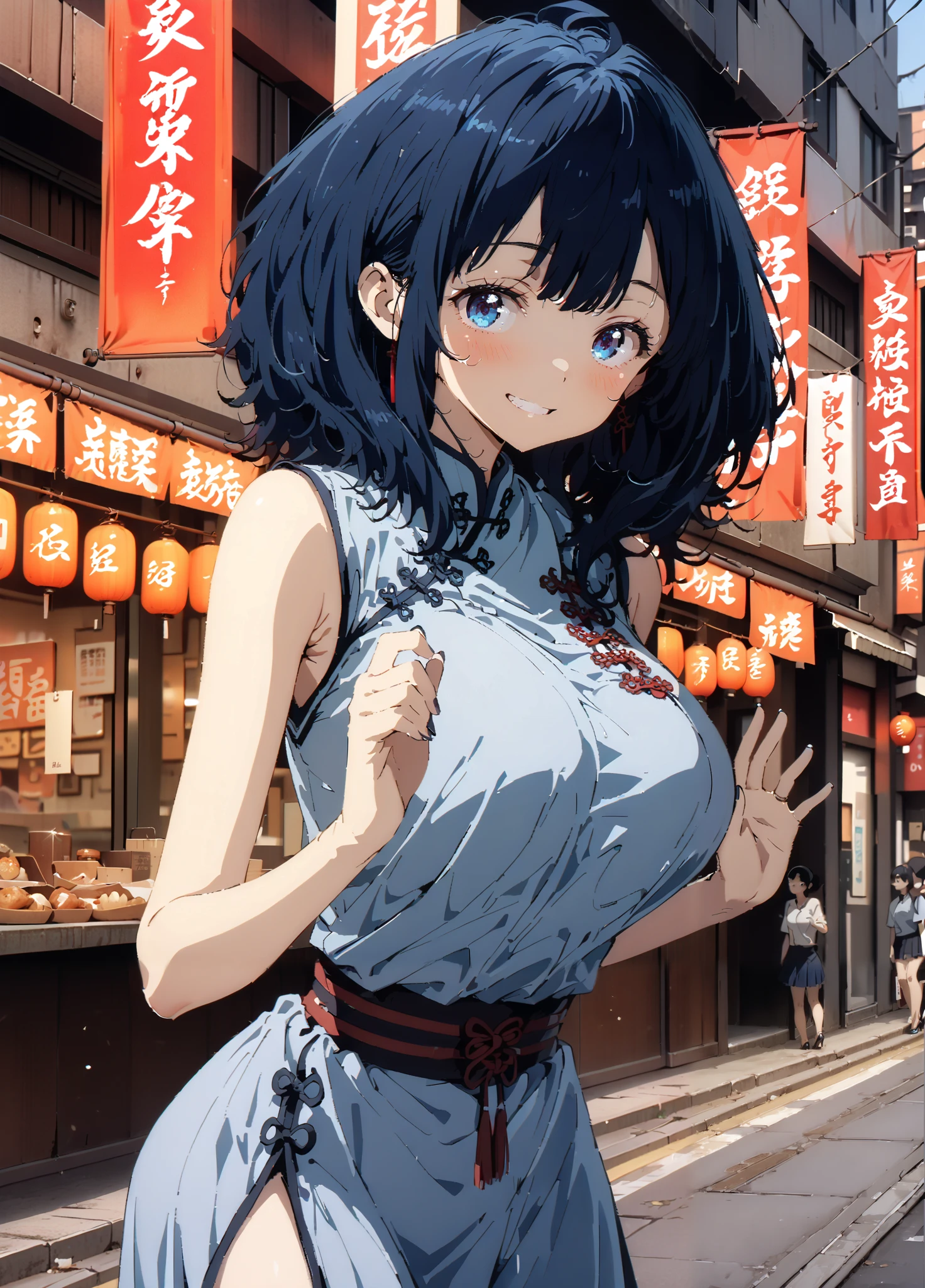 score_9, score_8_up, score_7_up, source_anime, Anayanami ,Alone, medium hair, blue eyes, stupid hair, Lantern, medium chest, skirt, shirt, Big Breasts,Blue sleeveless Chinese clothes,Long slit,pin heels,standing,Put your hands on your lower back,smile,blush, grin ,China, beautiful scenery,Beautiful cityscape,standing,full bodyがイラストに入るように, break outdoors, Chinatown,
break looking at viewer,full body,
break (masterpiece:1.2),highest quality , kampala, Unity 8K Wallpaper ,(shape:0.8),( fine, beautiful eyes :1.6),It's a person ,full body写真,CG Details , (perfect hands, complete anatomy),
