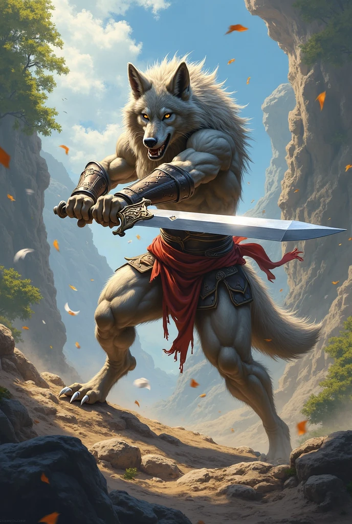 Anthro male grey wolf knight holding a two-handed great sword, Alone, arrogant expression, masterpiece, Best Art, Whole body, by taran violinist, detailed eyes, detailed body, claws, high, top-less, Pecs, ABS, Nipples, shoulder pads, squat pose