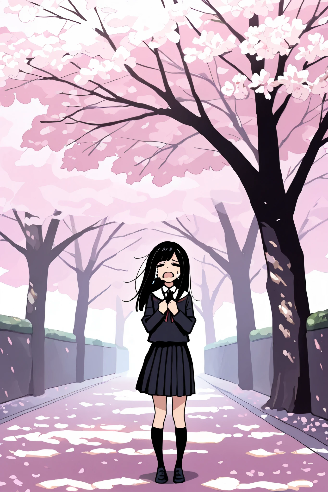 masterpiece, best quality, highest resolution, 1 girl,solo, long hair,black hair, school uniform, cherry blossoms, cherry blossoms background, wide view, crying, open mouth