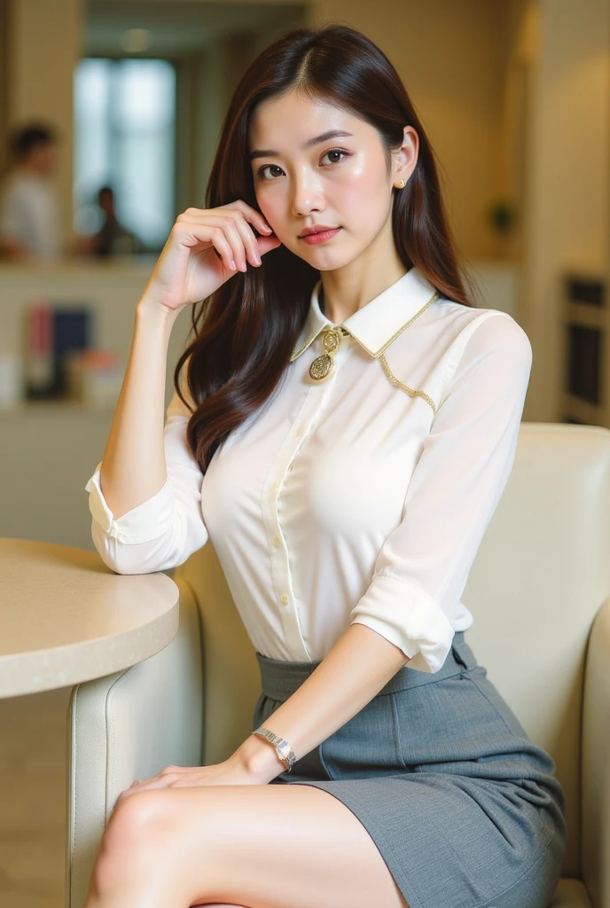 Sitting in the office, Photo quality, Japanese Girls, Age 25, So cute, Beautiful woman, slim, young, smile, Highest quality, 8K, Great taste、Panties are visible through the skirt、Panties are red lace