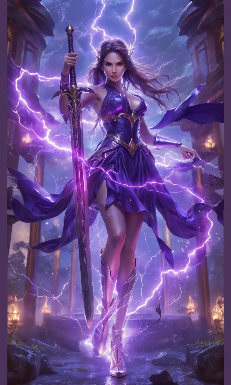 Goddess of the storm dressed in purple，teens girl，full bodyesbian，Float in mid-air of the city，reaching out her hands，Thunder and lightning are in your hands，very heavy rain，Black clouds，Storm，raiden，Confusion，From above，Wide-angle lens，Cinematic lighting，Detailed metropolis