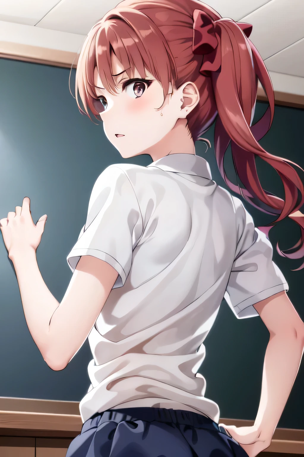 Kuroko Shirai, 1girl, brown hair, long hair, brown eyes, white gym shirt, navy gym bloomers:1.3, back shot, looking back, close up face, classroom, (extremely detailed CG, masterpiece, highres icon,absurdres,4K),