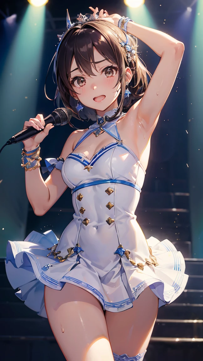 1 girl, cute, 18yo, asian, high detailed face, Smile expression. makes figure skaters dancing on ice. Give this image snow-white feathers and sparkling Swarovski crystals. Next, Accessorize with a gold headpiece, Transparent beaded necklace and matching rings or earrings. Finally, Bright makeup and sparkling eyeshadow、Complete the atmosphere of figure skaters shining on the ice. Dynamic Poses: Posing that reproduces triple axel and toe loop jump, Or、Pose during a spin to show the figure skater's grace and movement. location: Large skating rink in the center of the ice castle. The castle is surrounded by glowing ice statues and waterfalls, A huge crystal chandelier hangs in the center of the skating rink. This location is、There is a beautiful and magical atmosphere that complements the figure skating cosplay and its dynamism. photorealistic, ultra-realistic, HD, 8k