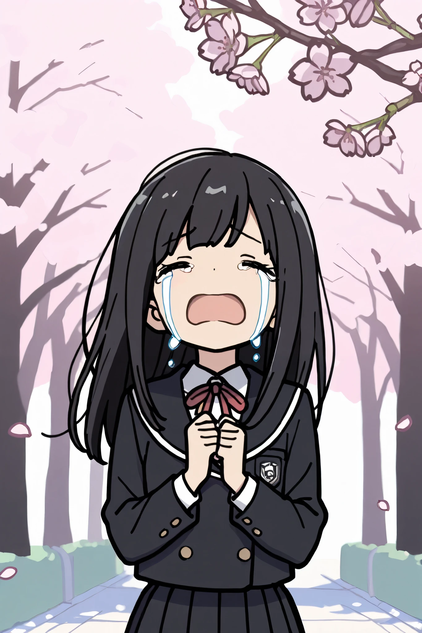 masterpiece, best quality, highest resolution, 1 girl,solo, long hair,black hair, school uniform,cherry blossoms, cherry blossoms background, wide view, crying, open mouth