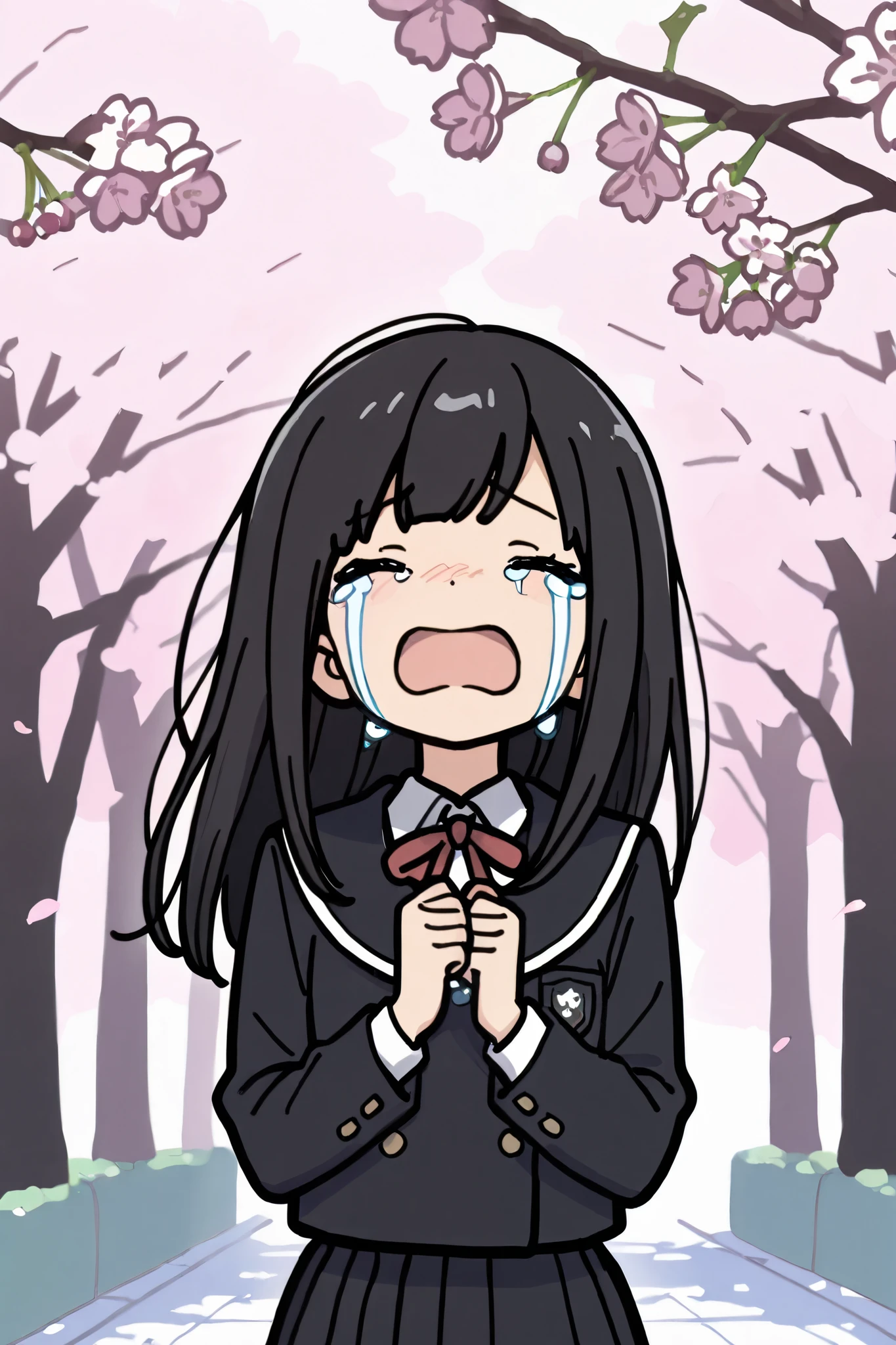 masterpiece, best quality, highest resolution, 1 girl,solo, long hair,black hair, school uniform,cherry blossoms, cherry blossoms background, wide view, crying, open mouth