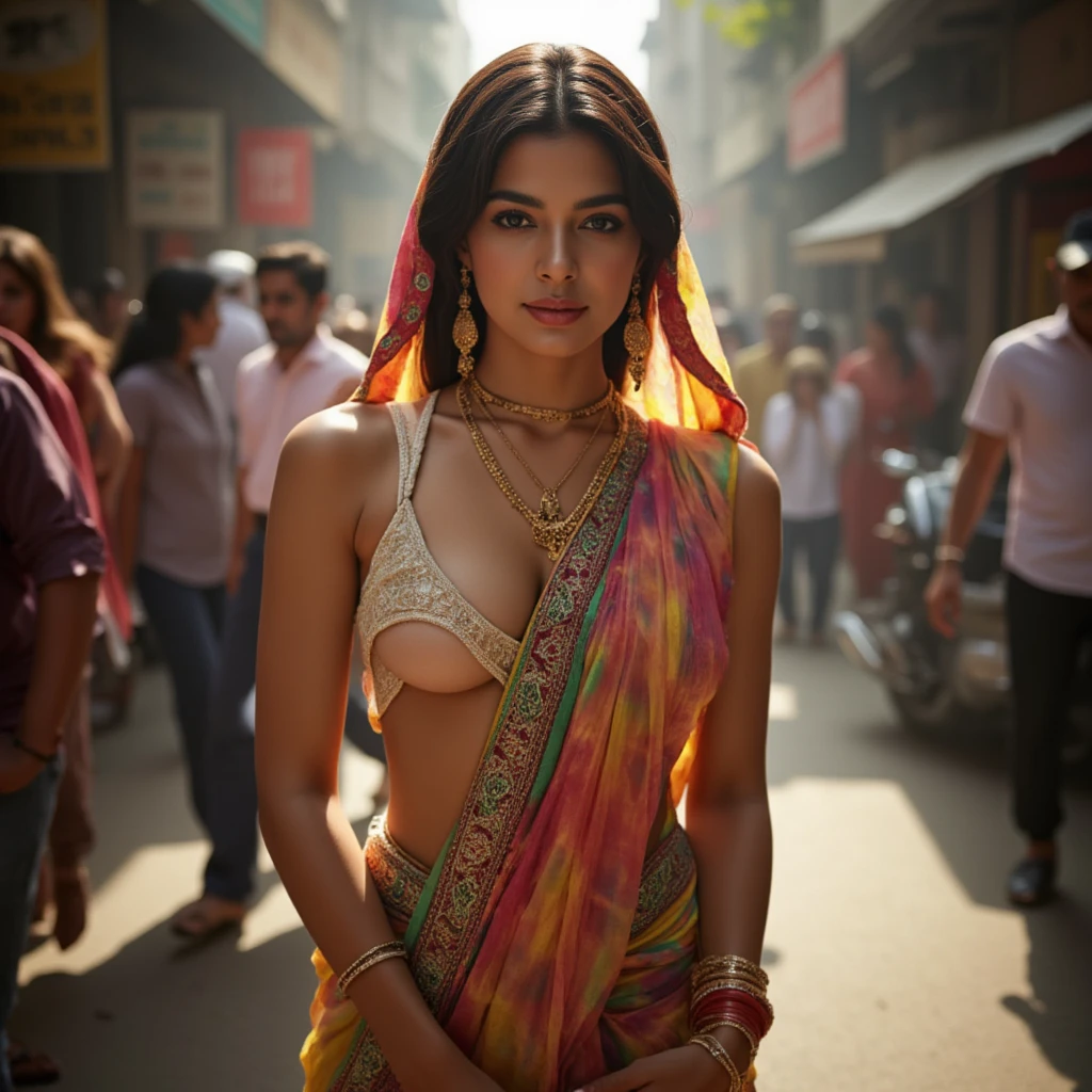 **Indian girl description:**
- Ethnicity: Indian
- Build: Hourglass figure
- Outfit: Hot dress
- Hair: Long black hair, with a few strands falling over one eye
- Appearance: Sexy and attractive