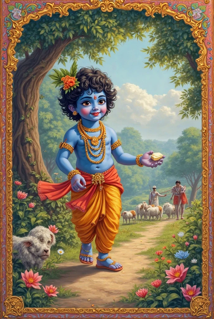 little blue krishna is looking forward and holding a cow baby with his hand and standing in a village.Village name EZHUMATTOOR is highlighted in road sign board. There are some baby cows and peacock birds nearby