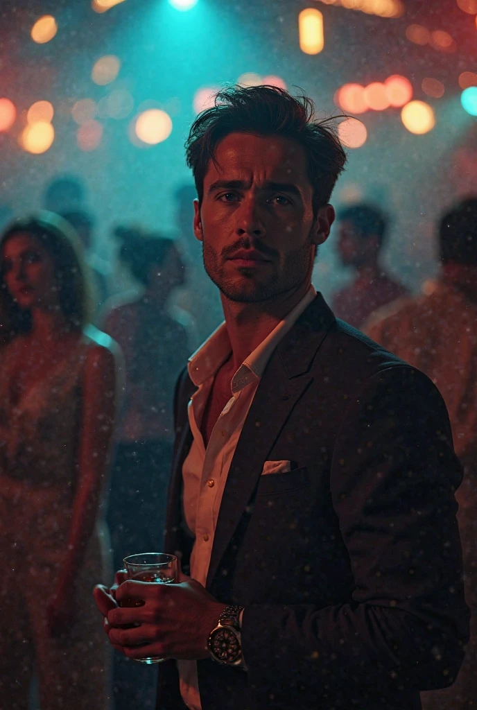 "A highly detailed and visually striking image of a dark-haired man who is slender and short, with a short beard. He has very hairy chest and arms, adding to his unique appearance. He is wearing a crisp, white doctor's coat with a name badge that reads 'Dr. Mistela.' The man holds a glass of alcohol in one hand, the liquid inside catching the light with a warm, amber glow. He is at a lively party, surrounded by colorful lights, decorations, and people mingling and dancing in the background. His expression is confident and relaxed, with a subtle smile. The vibrant, festive atmosphere, combined with the character's distinct look, creates a dynamic and engaging scene with rich textures and bright colors."