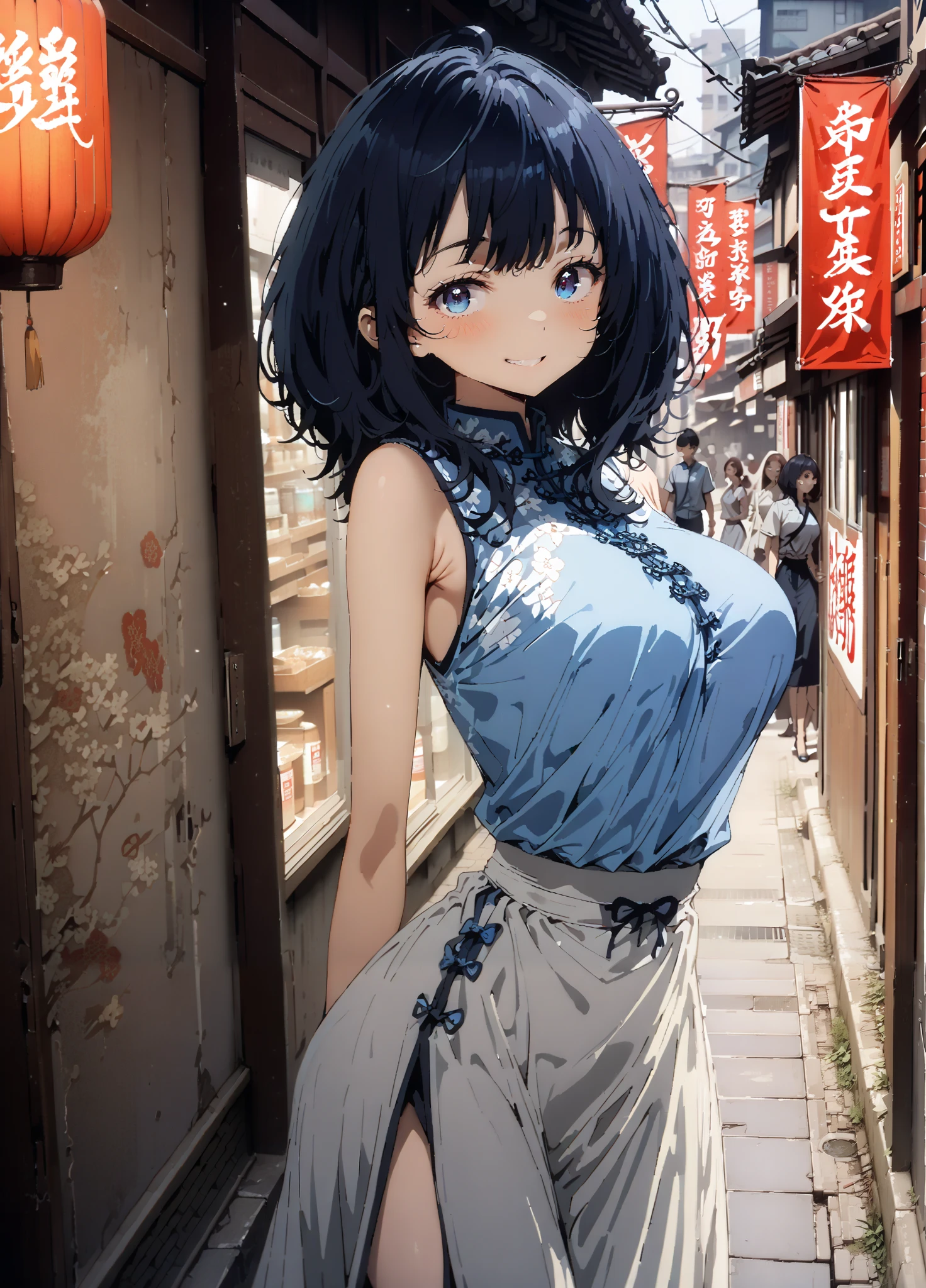 score_9, score_8_up, score_7_up, source_anime, Anayanami , medium hair, blue eyes, stupid hair, Lantern, medium chest, skirt, shirt, Big Breasts,Blue sleeveless Chinese clothes,Long slit,Bare legs,pin heels,standing,Put your hands on your lower back,smile,blush, grin ,China, beautiful scenery,Beautiful cityscape,standing,full bodyがイラストに入るように, break outdoors, Chinatown,
break looking at viewer,full body,
break (masterpiece:1.2),highest quality , kampala, Unity 8K Wallpaper ,(shape:0.8),( fine, beautiful eyes :1.6),It's a person ,full body写真,CG Details , (perfect hands, complete anatomy),
