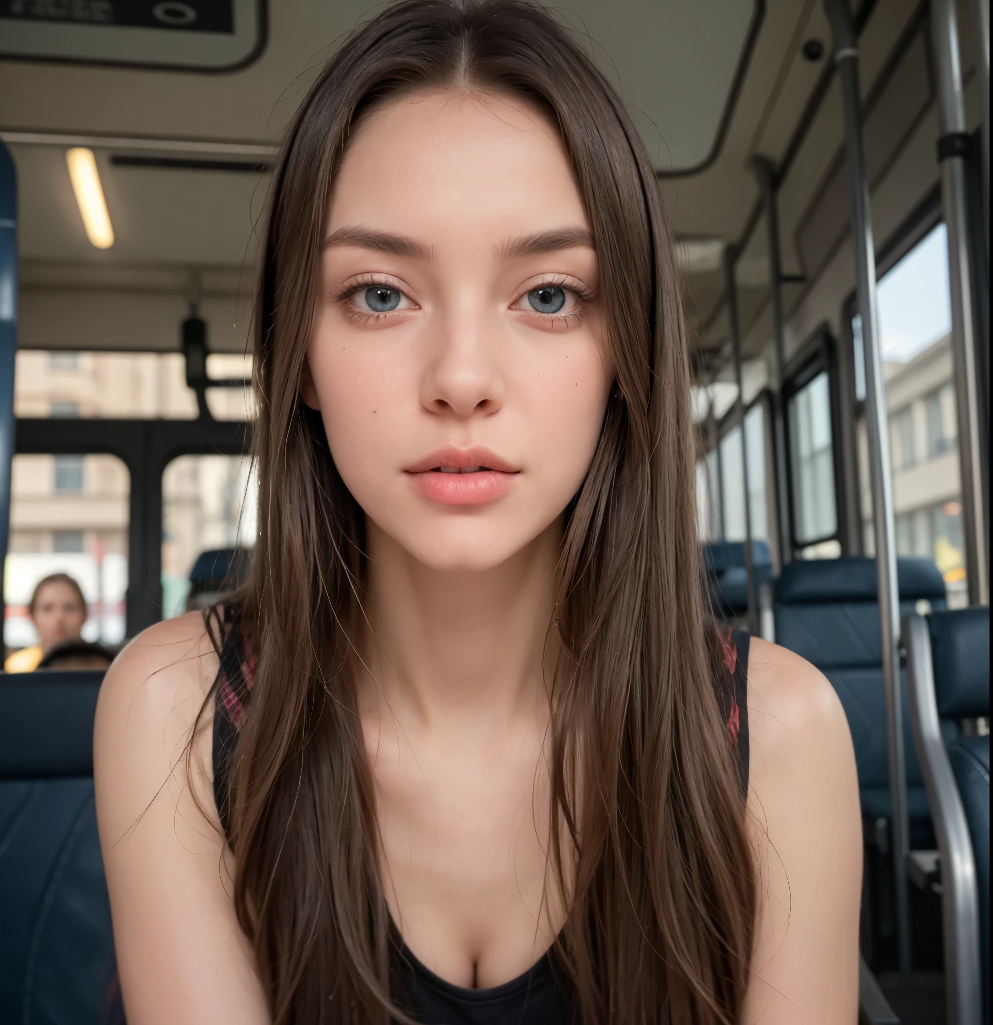 Beautiful woman, RAW photo, ((with in bus : 1.4)),)), (Highly detailed skin: 1.5), Detailed eyes: 1.0, High quality lighting: 1.5, Beautiful, tan lace top with stomach showing and plaid mini skirt), Model legs: 1.5, (High class: 1.8), (Realistic: 1.4), (High quality real skin texture: 1.4), (Enhanced texture) beautiful skin: 1.1) Well detailed eyes, Good quality eyes, Standing, 26 years old, Perfect body beauty: 1.4, Desire body: 1.2, Body that arouses passions, Your complexion must be flawless, Show off your physical attributes, Real: 1.8,, , (best quality)), ((masterpiece)), (detailed), perfect face, very light long hair, (textures!, hair!, shine, color!, specular lighting, dslr, ultra quality, sharp focus, very sharp, .(Best quality, female: 1.2, **** years old girl, beautiful blue eyes, , posing, looking at camera), ultra detailed, (realistic, photorealistic, photorealistic: 1.37), illustration, lighting colors,