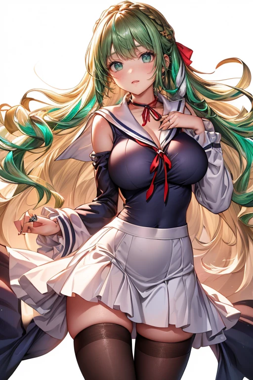 (cowboy shot: 1.5), (white background, simple background: 1.5), (masterpiece:1.5), (big breasts: 1.5), (1 girl: 1.5), young woman, (Beautiful Girl:1.5), (extremely detailed and delicate anime face and eyes:1.5), whole body, (natural light, HDR, extremely details CG:1.3), (dynamic posture:1.3), {correct ????????????}, (wide hips: 1.3), (perfect hands: 1.5), single focus, toned body, Beautiful Lips, thick lips, {surreal}, {correct posture}, {minutes details}, {detailed body}, {detailed clothing}, (Bright Eyes: 1.3), (cleavage: 1.3), {accessories}, {sexy}, (school uniform: 1.5), high school student outfit, (school jacket: 1.5), long sleeves jacket, (open jacket: 1.3), short skirt, (pleated short skirt: 1.3), (thigh-high legwear: 1.3), (black legwear: 1.5), (lace collar with tie: 1.3), ribbon tie, (high heel boots: 1.3), earrings, necklace, hairclip, (medium long hair: 1.5), (two-tone hair: 1.5), (dark green hair with purple streaks: 1.5), glowing hair, (quiff: 1.5), (bright lilac eyes: 1.3),
