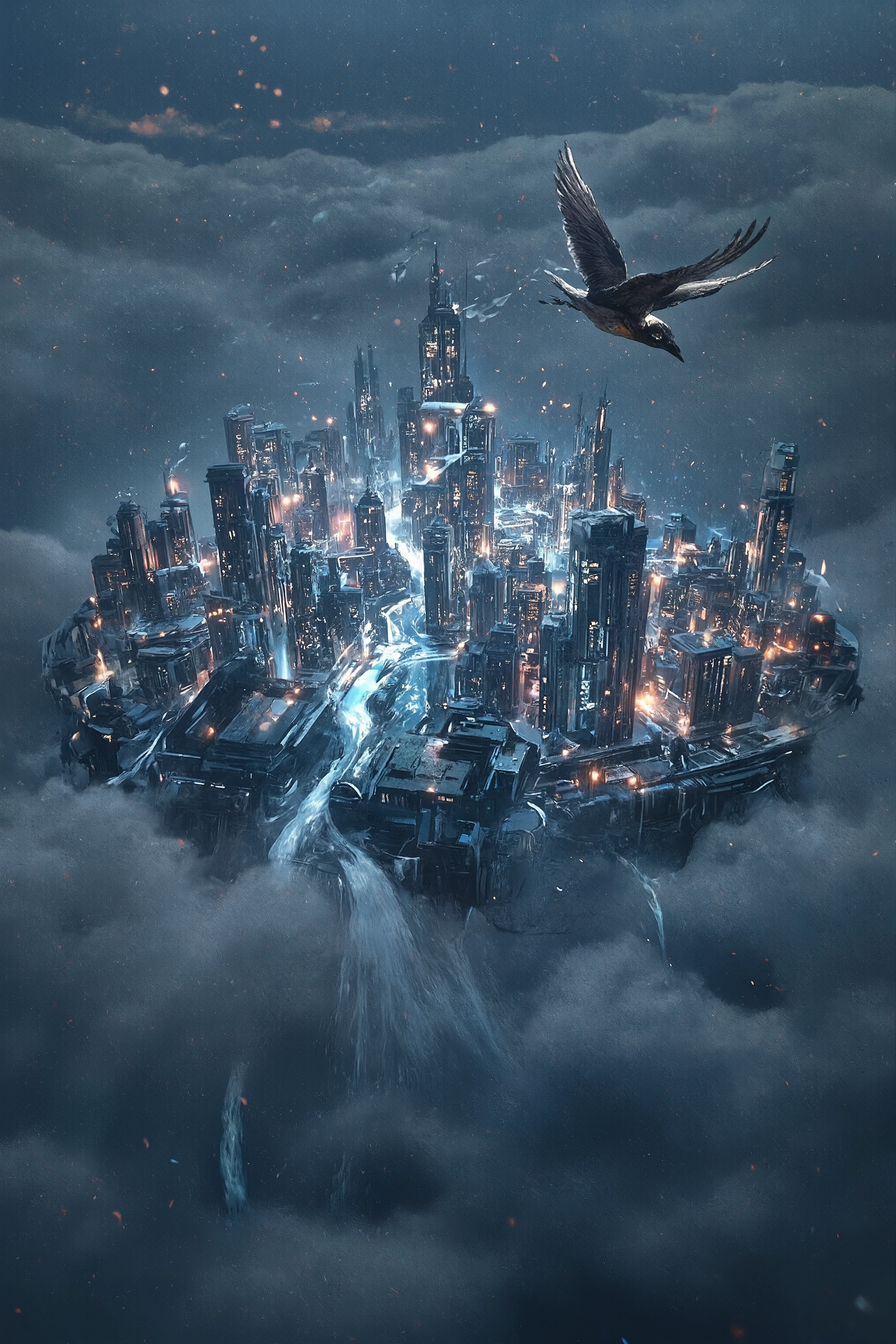 There is a bird flying over a city in the sky - SeaArt AI