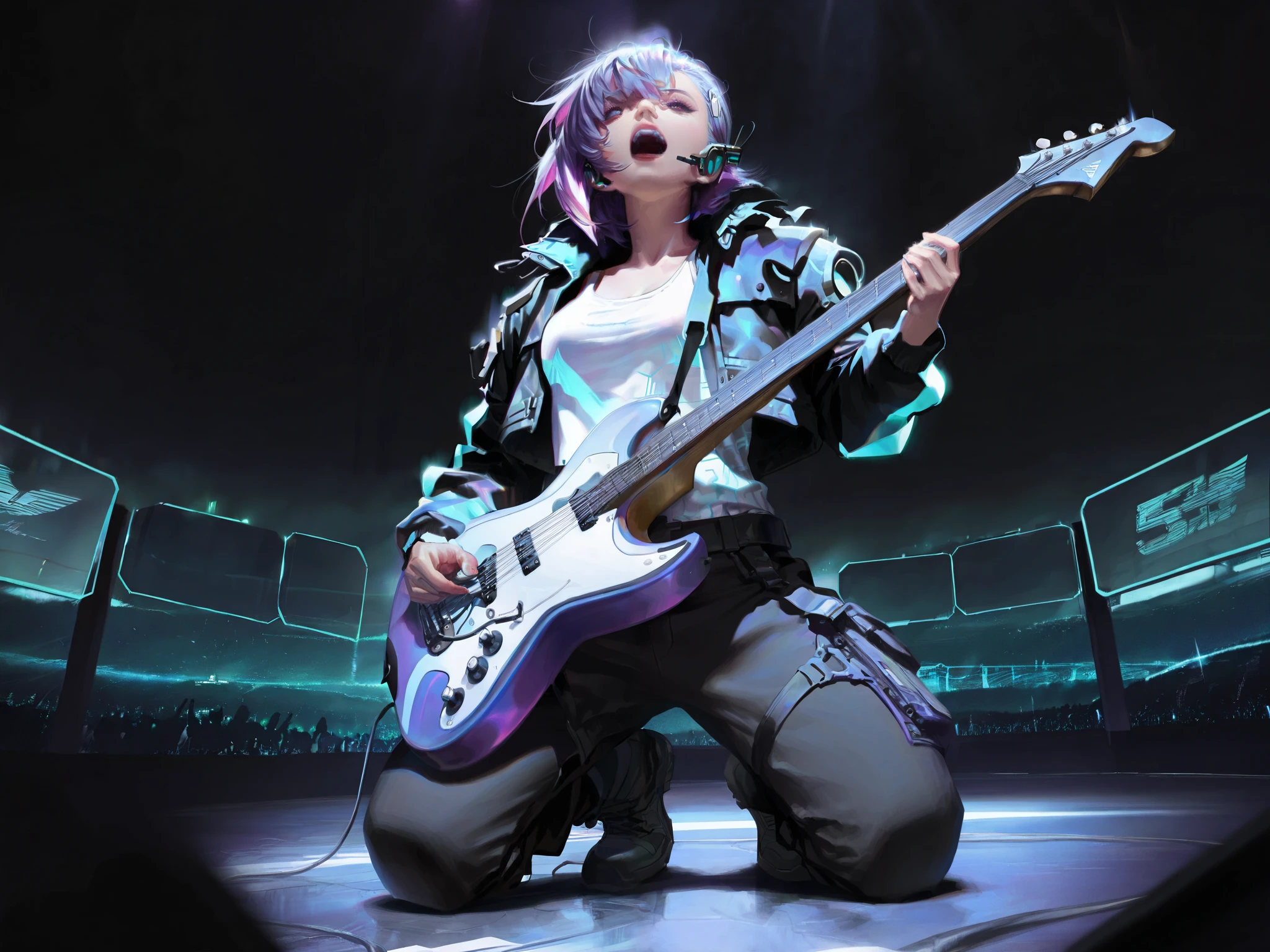 HDR, 8K, high contrast, masterpiece, best quality, amazing quality, very aesthetic, anime artstyle, realistic, hentai art, newest,
BREAK
bounce light, hyperdetailed, detailed hair strands, detailed fibers, Sungmoo
safe_pos, fine texture, masterpiece, ultra-detailed, very awa, best quality, very aesthetic, absurdres, newest, natural lighting, scenery, portrait photo, cinematic composition), rating_safe, BREAK, 1girl, solo, shoulder-length violet hair, glowing neon streaks, asymmetrical bangs, purple cybernetic eyes, lithe body, BREAK, futuristic cropped black leather jacket, glowing circuit patterns, white tank top, sleek black pants, holographic accents, combat boots with neon straps, earpiece, BREAK, From the front, mid-performance, motion lines, holding a glowing transparent electric guitar with shifting light patterns, kneeling hands on thighs, (knee slide:1.4), singing, mouth open, looking up, vibrant notes visualized as holographic waves around her, BREAK, outdoors, cyberpunk city square, stage surrounded by a crowd of blurry silhouettes illuminated by neon lights, large holographic billboards, faint rain mist reflecting colors, detailed background, immersive atmosphere,