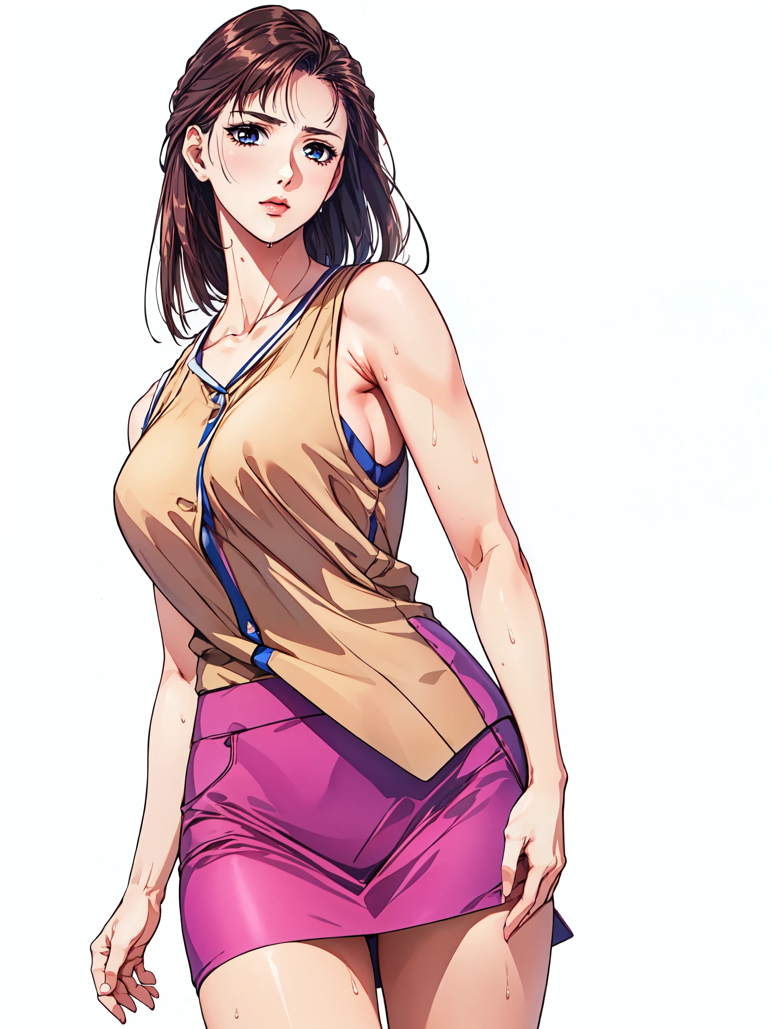 sleeveless, show me your armpits,wet skin,((masterpiece, Highest_quality)), 1 girl, (photorealistic:1.4), alone, white_background, black_hair, length_hair, absolute _Field, skirt, ((full_body)), swimsuit