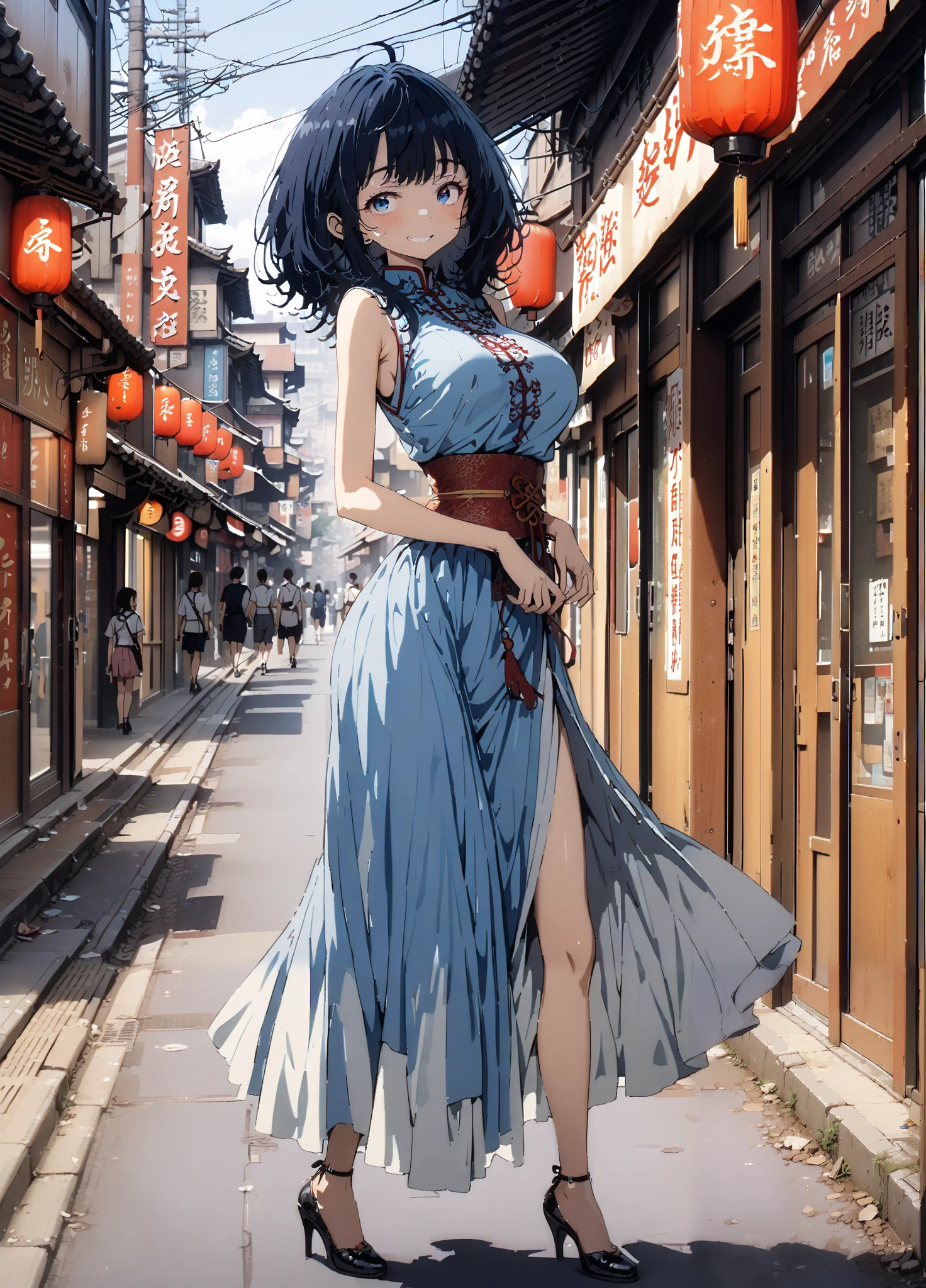 score_9, score_8_up, score_7_up, source_anime, Anayanami , medium hair, blue eyes, stupid hair, Lantern, medium chest, skirt, shirt, Big Breasts,Blue sleeveless Chinese clothes,Long slit,Bare legs,pin heels,standing,Put your hands on your lower back,smile,blush, grin ,China, beautiful scenery,Beautiful cityscape,standing,full bodyがイラストに入るように, break outdoors, Chinatown,
break looking at viewer,full body,
break (masterpiece:1.2),highest quality , kampala, Unity 8K Wallpaper ,(shape:0.8),( fine, beautiful eyes :1.6),It's a person ,full body写真,CG Details , (perfect hands, complete anatomy),
