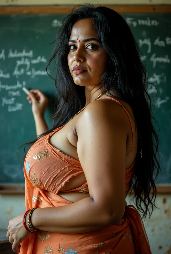 A beautiful middle age indian sunny plus size,many boys surround her,curly black hair,wearing short red blouse and short red petticoat, exposing deep navel,her hands upward seductively,she looks uncomfortable,she is surrounded by many boy kids,background in a classroom