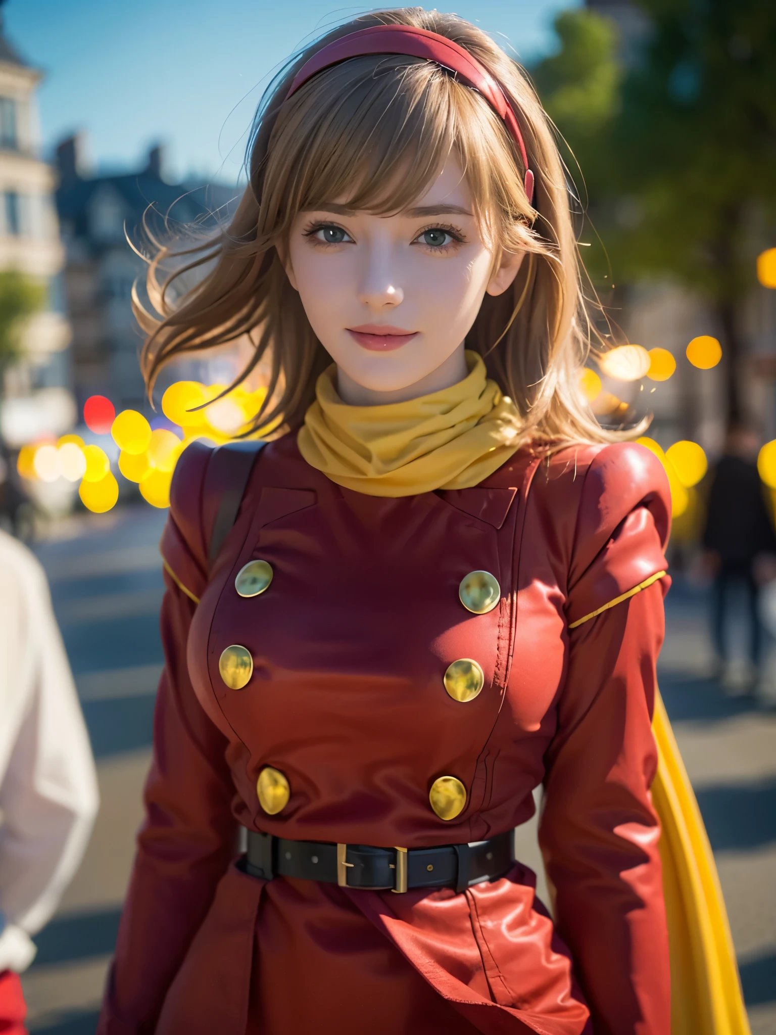 1girl, Alone, (cute french girl), 18yo, Young female, Low Height, slim body, (smile:1.2), Looking at camera,
break
(close up:1.15), (portrait:1.2), Dynamic Poses,
break
Professional photo-realistic images, (16k, RAW photo, best quality, masterpiece:1.2), (realistic, photo-realistic:1.4), (extremely detailed 8k wallpaper), sharp focus, depth of field, blur background, bokeh, cinematic lighting, soft light, High resolution 16k close-up of human skin,
break
perfectly round breasts,
break
FrancoiseArnoul, blond hair, medium hair, red hairband, ((red uniform)), long sleeves, belt, red pants, black boots, yellow scarf,
break
arafed view of a street with a arch and a sky background, arc de triomphe full of graffiti, traveling in france, by Etienne Delessert, arc, beautiful high resolution, paris, paris city, the city of paris, paris background, france, fine art piece, by Raphaël Collin, by Bernard D’Andrea