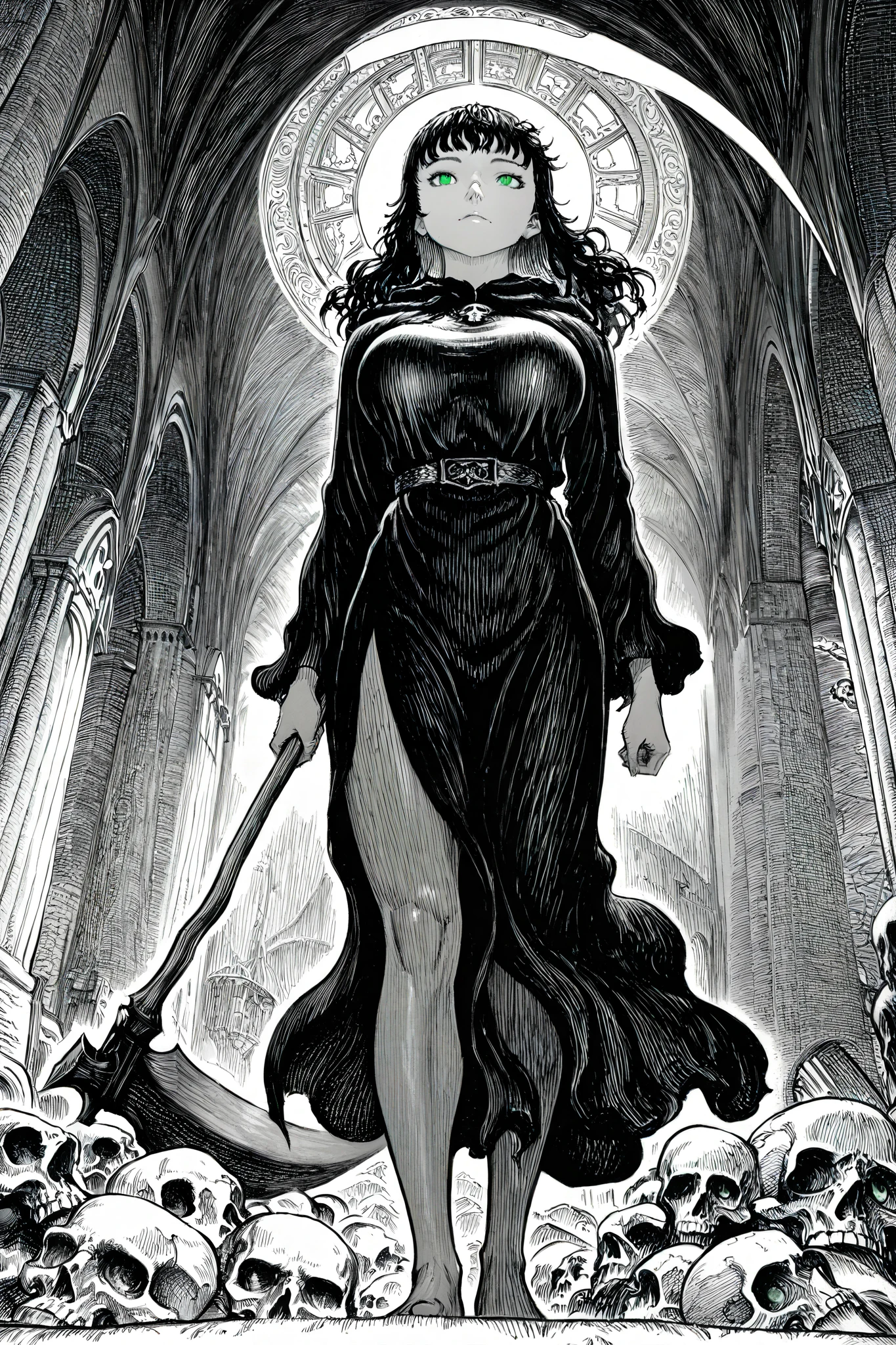 HDR, 8K, high contrast, masterpiece, best quality, amazing quality, very aesthetic, anime artstyle, realistic, newest,
BREAK
bounce light, hyperdetailed, detailed hair strands, detailed fibers, greyscale, (intricate hatching: 1.4)
masterpiece, semi-realism, monochrome, manga, inking, detailed, hyperdetailed,
engraving artstyle, hatching /texture/, contour lines, monchrome, greyscale, masterpiece.hyperdetailed, absurdres, detailed background, foreshortening, perspective, dynamic angle, very aesthetic, 1girl, hold scythe, robe, large breasts, green eyes, holding skull, standing, pelvic curtain,