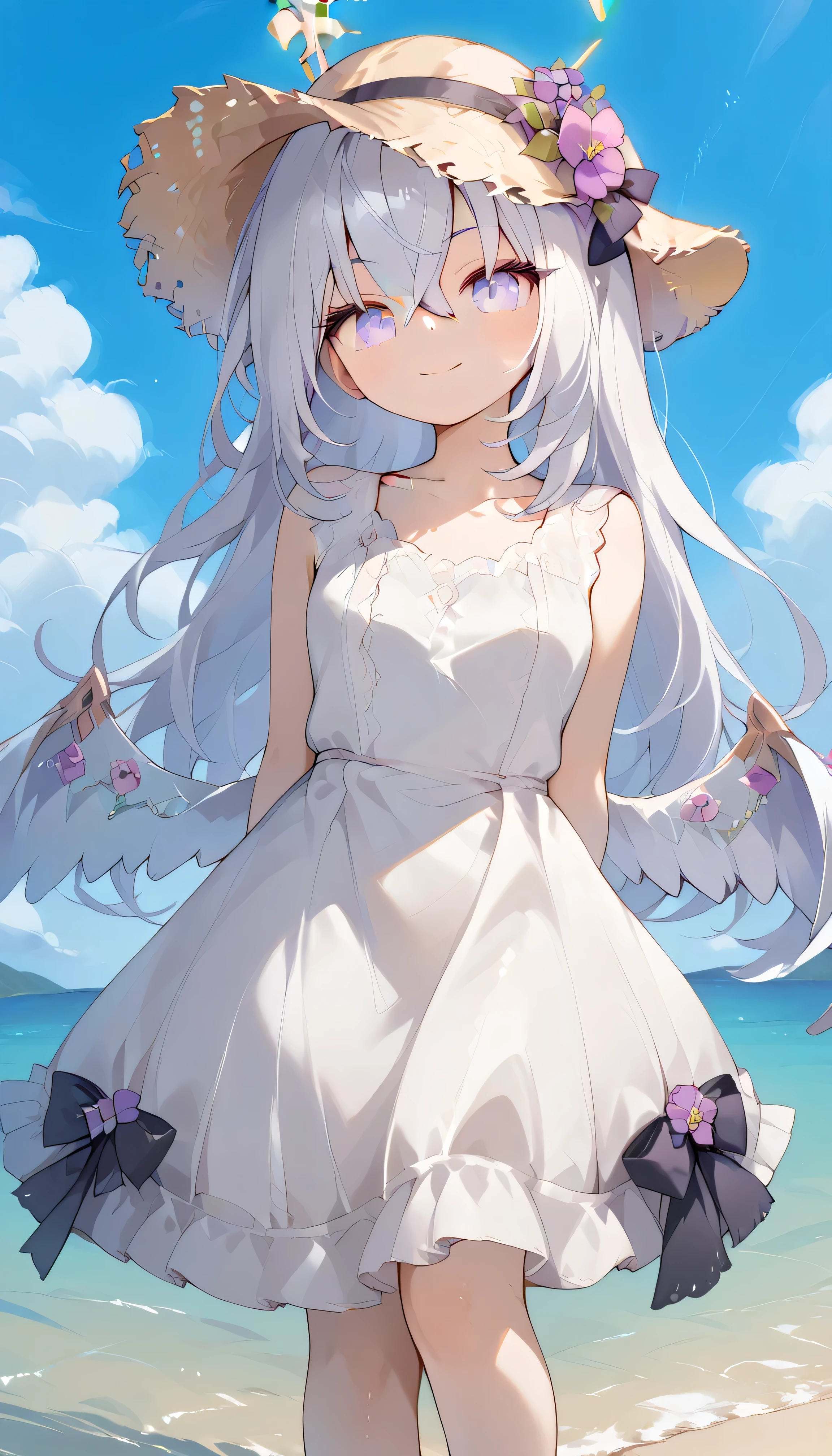Azusa (blue archive),purple eyes,white hair,long hair,Wings,hair flower,halo, Alone, showing eyebrows from inside the hair , hair between their eyes, viewers, masterpiece, highest quality, hud_s1lk_ngwn, sleeveless white dress, lace trim, breasts Outdoors sea water splashes blue sky mini skirt smile Low neck tight size Curtsey straw hat arms behind back