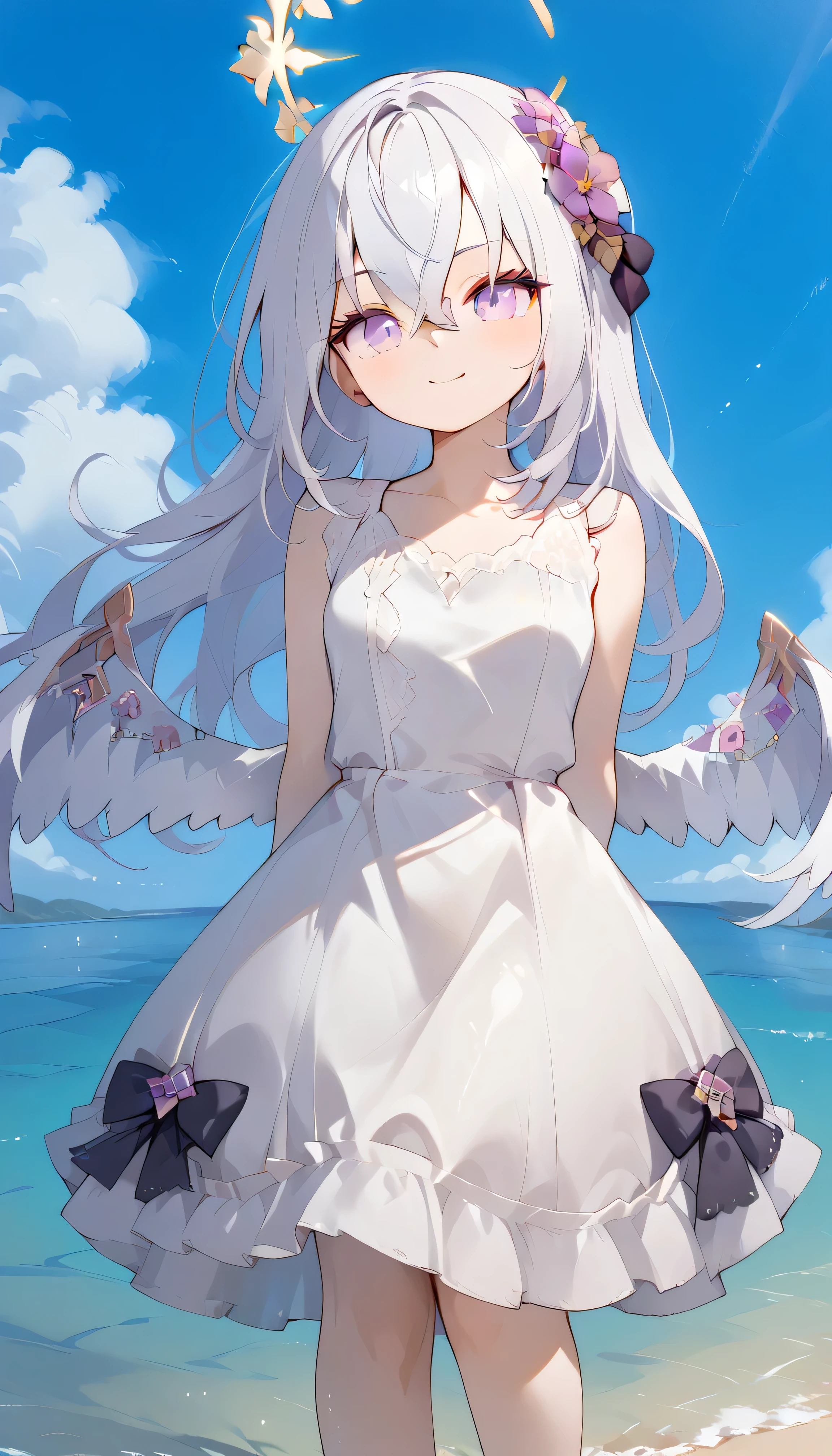 Azusa (blue archive),purple eyes,white hair,long hair,Wings,hair flower,halo, Alone, showing eyebrows from inside the hair , hair between their eyes, viewers, masterpiece, highest quality, hud_s1lk_ngwn, sleeveless white dress, lace trim, breasts Outdoors sea water splashes blue sky mini skirt smile Low neck tight size Curtsey straw hat arms behind back