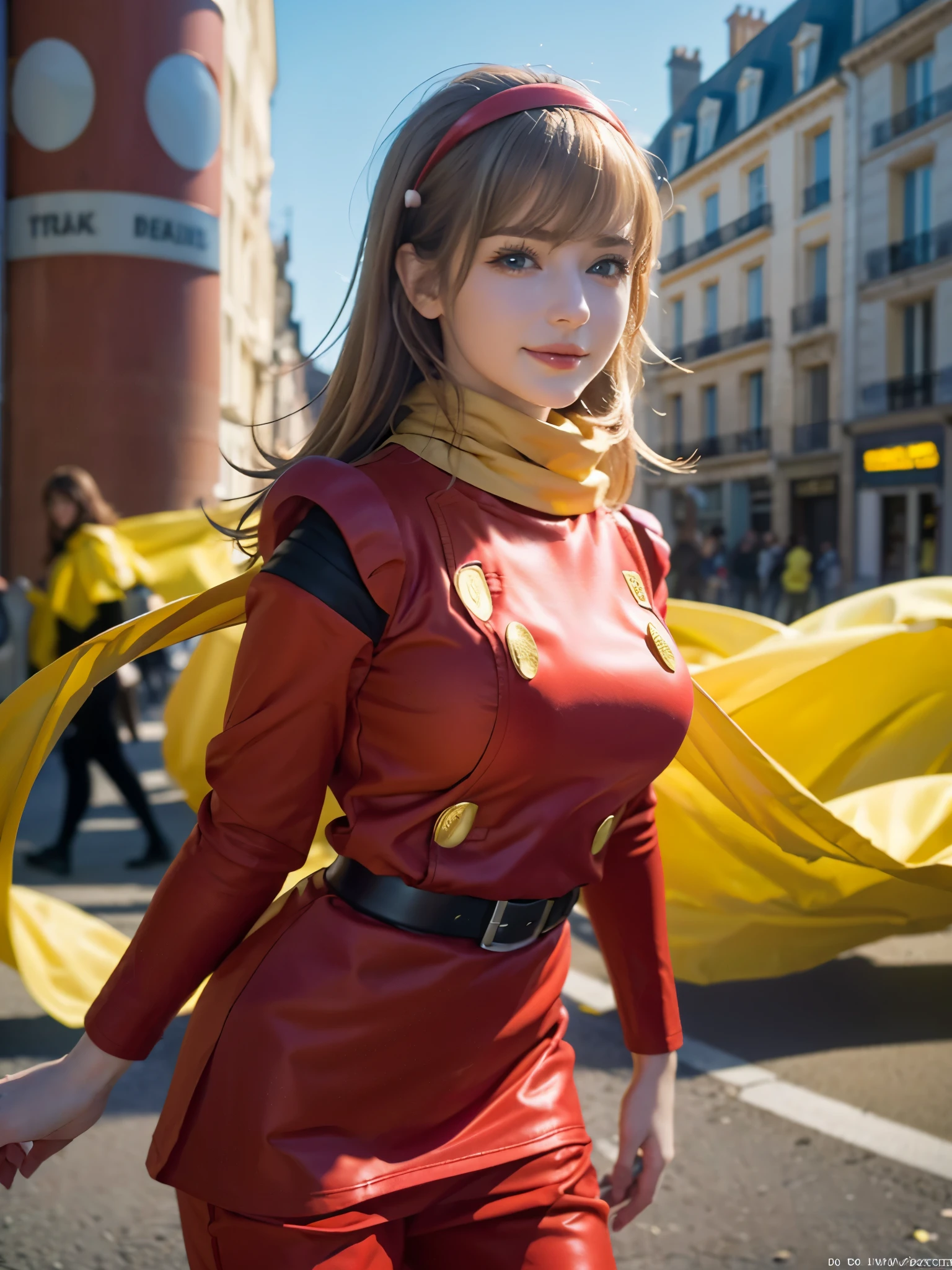 1girl, Alone, (cute french girl), 18yo, Young female, Low Height, slim body, (smile:1.2), Looking at camera, 
break
(close up:1.15), (portrait:1.2), Dynamic Poses,
break
Professional photo-realistic images, (16k, RAW photo, best quality, masterpiece:1.2), (realistic, photo-realistic:1.4), (extremely detailed 8k wallpaper), sharp focus, depth of field, blur background, bokeh, cinematic lighting, soft light, High resolution 16k close-up of human skin,
break
perfectly round breasts, 
break
FrancoiseArnoul, blond hair, medium hair, red hairband, ((red uniform)), long sleeves, belt, red pants, black boots, yellow scarf,
break
arafed view of a street with a arch and a sky background, arc de triomphe full of graffiti, traveling in france, by Etienne Delessert, arc, beautiful high resolution, paris, paris city, the city of paris, paris background, france, fine art piece, by Raphaël Collin, by Bernard D’Andrea