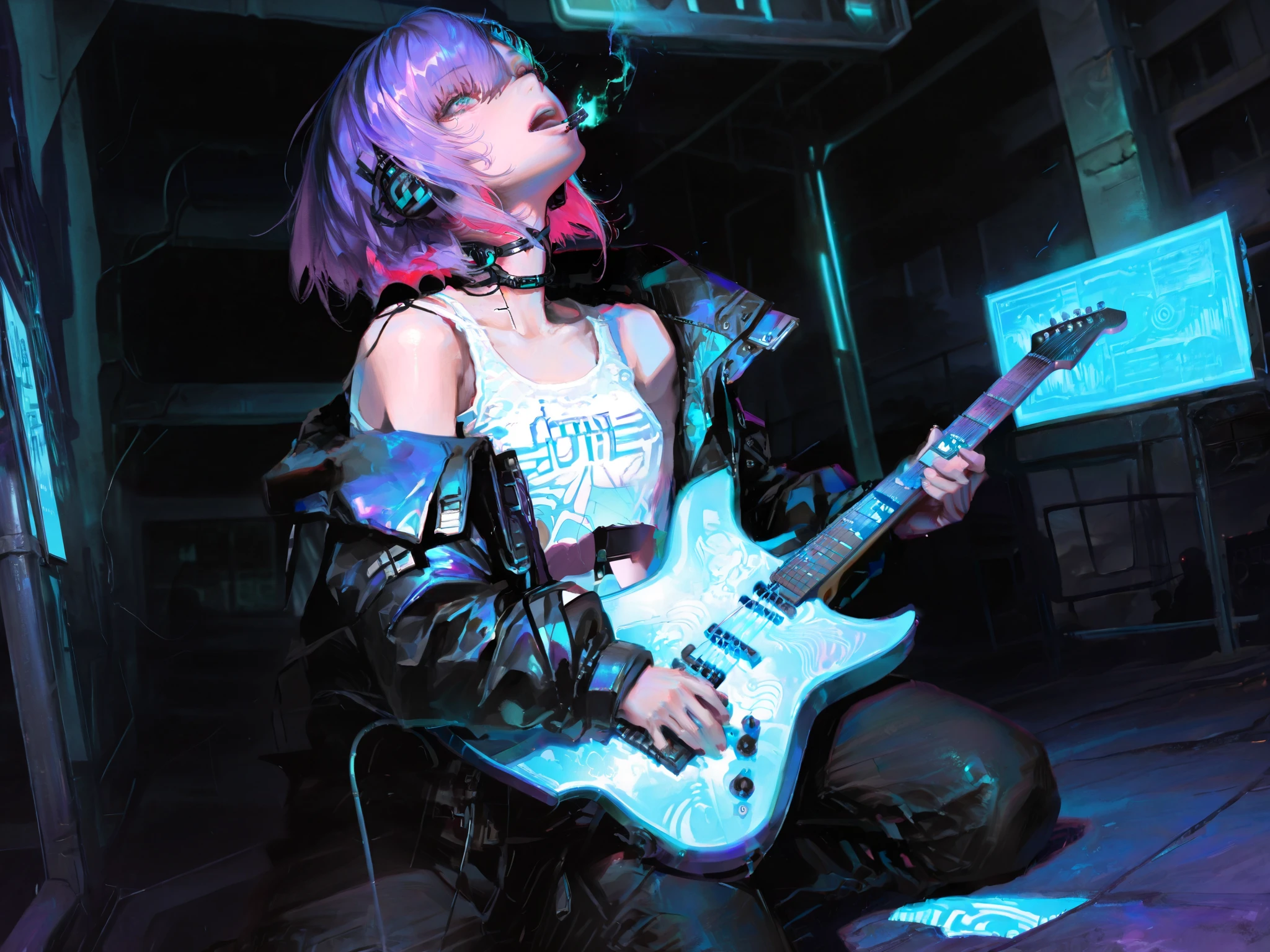 HDR, 8K, high contrast, masterpiece, best quality, amazing quality, very aesthetic, anime artstyle, realistic, hentai art, newest,
BREAK
bounce light, hyperdetailed, detailed hair strands, detailed fibers, Sungmoo
safe_pos, fine texture, masterpiece, ultra-detailed, very awa, best quality, very aesthetic, absurdres, newest, natural lighting, scenery, portrait photo, cinematic composition), rating_safe, BREAK, 1girl, solo, shoulder-length violet hair, glowing neon streaks, asymmetrical bangs, purple cybernetic eyes, lithe body, BREAK, futuristic cropped black leather jacket, glowing circuit patterns, white tank top, sleek black pants, holographic accents, combat boots with neon straps, earpiece, BREAK, From the front, mid-performance, motion lines, holding a glowing transparent electric guitar with shifting light patterns, kneeling hands on thighs, (knee slide:1.4), singing, mouth open, looking up, vibrant notes visualized as holographic waves around her, BREAK, outdoors, cyberpunk city square, stage surrounded by a crowd of blurry silhouettes illuminated by neon lights, large holographic billboards, faint rain mist reflecting colors, detailed background, immersive atmosphere,