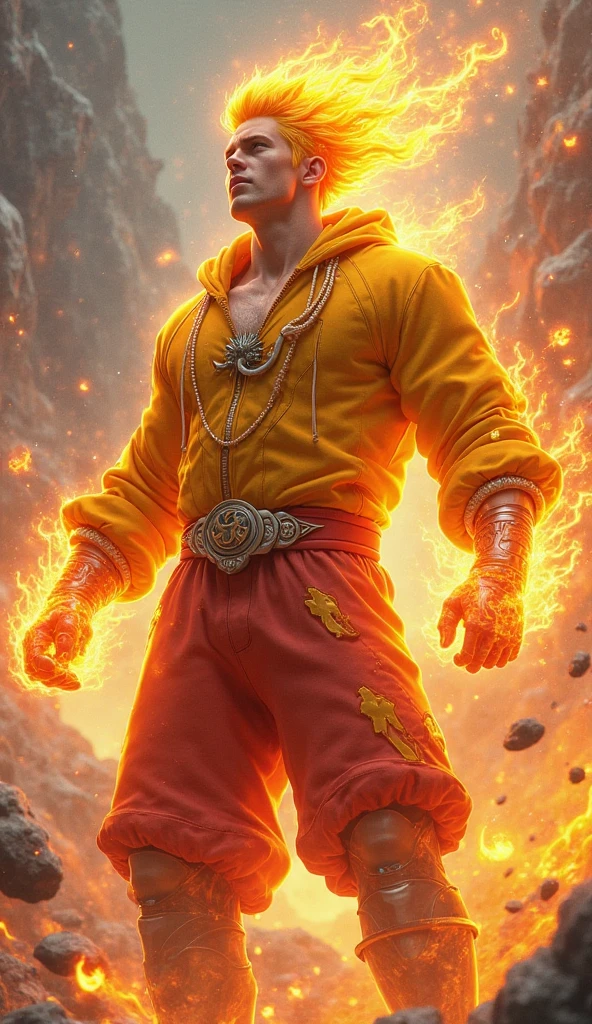 A strong twink man, muscular with short, orange undercut hair and freckles, stands in a battle-ready stance with his arms crossed. He is shirtless, revealing his well-defined torso and arms. He wears fitted pants adorned with flame patterns in red and black. His smooth, well-groomed underarms are visible, and his gaze is directed straight ahead with a fierce, determined intensity. The surroundings are ablaze with warm hues of red, orange, and gold, creating a dramatic and intense atmosphere. Flames erupt around him, casting dynamic shadows and emphasizing his readiness for combat. The ground is covered in glowing embers and ash, reflecting the fiery nature of his element. The image is rendered in a photorealistic, hyper-realistic 8k style, with vibrant HDR and chiaroscuro lighting that highlights the fiery energy and motion of the scene, accentuating his commanding presence and readiness for battle.
