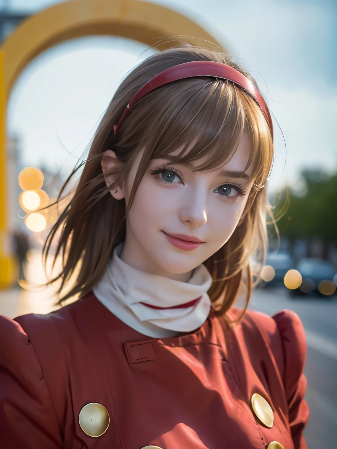 1girl, Alone, (cute french girl), 18yo, Young female, Low Height, slim body, (smile:1.2), Looking at camera,
break
(close up:1.15), (portrait:1.2), Dynamic Poses,
break
Professional photo-realistic images, (16k, RAW photo, best quality, masterpiece:1.2), (realistic, photo-realistic:1.4), (extremely detailed 8k wallpaper), sharp focus, depth of field, blur background, bokeh, cinematic lighting, soft light, High resolution 16k close-up of human skin,
break
perfectly round breasts,
break
FrancoiseArnoul, blond hair, medium hair, red hairband, ((red uniform)), long sleeves, belt, red pants, black boots, yellow scarf,
break
arafed view of a street with a arch and a sky background, arc de triomphe full of graffiti, traveling in france, by Etienne Delessert, arc, beautiful high resolution, paris, paris city, the city of paris, paris background, france, fine art piece, by Raphaël Collin, by Bernard D’Andrea