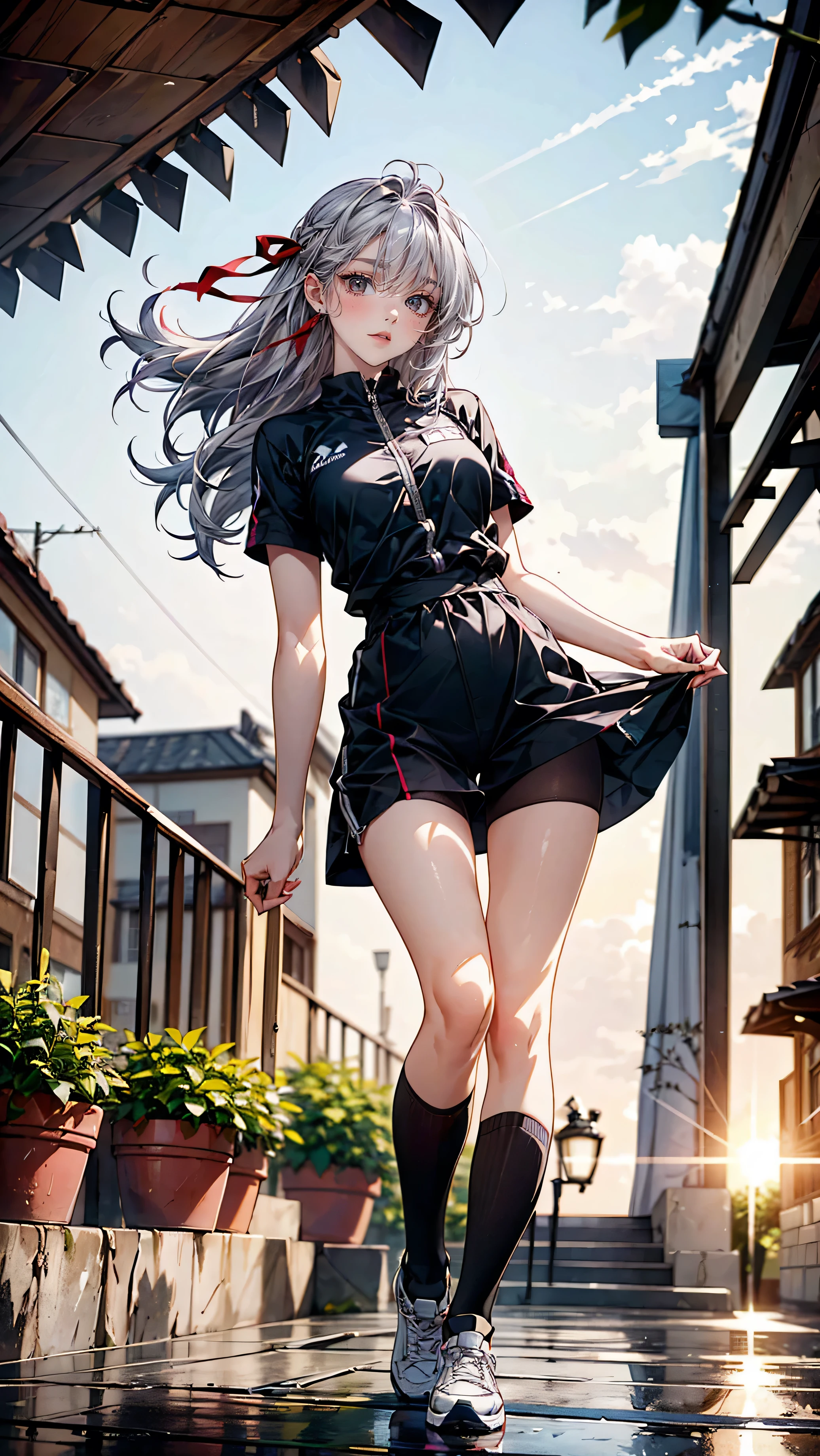 (((best picture quality))_8K,_best_quality, masterpiece,(( girl with odd pupils))_replaced, ((heterochromia, red_eyes, silver_eyes)),_v2_\(4\).3((odd-eyed)),_v2_\(4\).({polished_eyes)),_v2_\(4\).31(\(long_hair, flowing silver and purple hair)),_v2_\(4\).29(\(pale_skin, sheen),_v2_\(4\).4(minuscule_breasts),_v2_\(4\).4(mole_on_breast),_v2_\(4\).12(slim),_v2_\(4\).10((standing on a terrace with a sea and sunrise background)),_v2_\(4\).6(hair_ribbon),_v2_\(4\).5(hair_between_eyes),_v2_\(4\).3(black_hair),_v2_\(4\).(athletic wear),_v