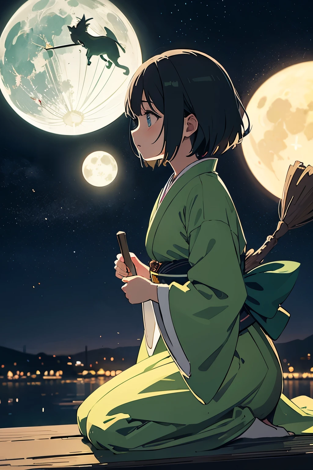 Translucent Illustration 、 Japanese Anime Style Illustration 、 Small Silhouette Seen in the Distance 、 The shadow of the little witch on the broom is visible in the distance 、green、 dynamic angle 、 Amazing、 highest accuracy、 top quality 、 fantasy、Effective Production 、 Full Moon Seen in the Distance 、 Night Seaside Town Sky 、 Horizontal Line、movie、 artistic、delicate、sentimental、 highlights 、 Contrast