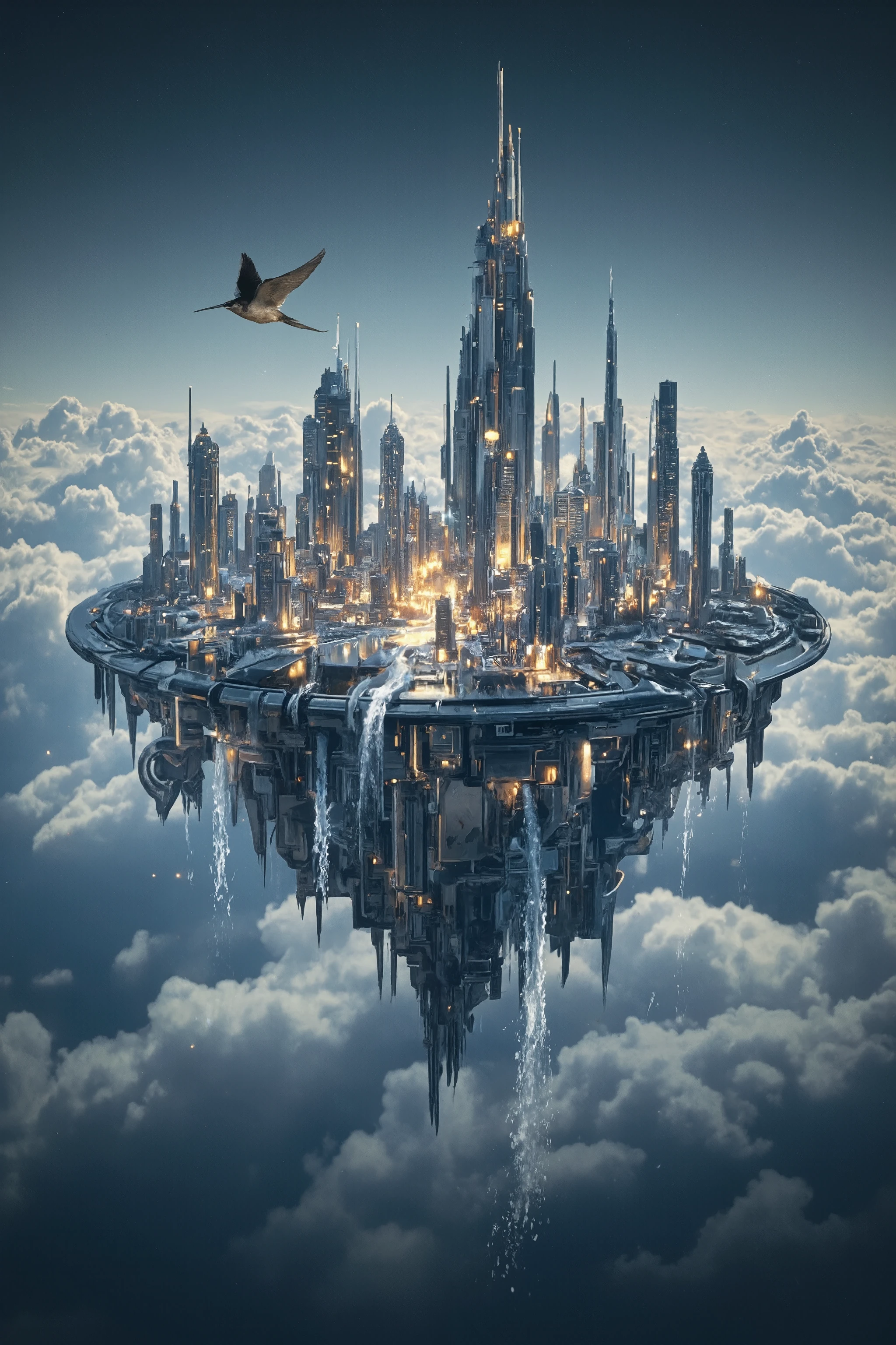 There is a bird flying over a city in the sky - SeaArt AI